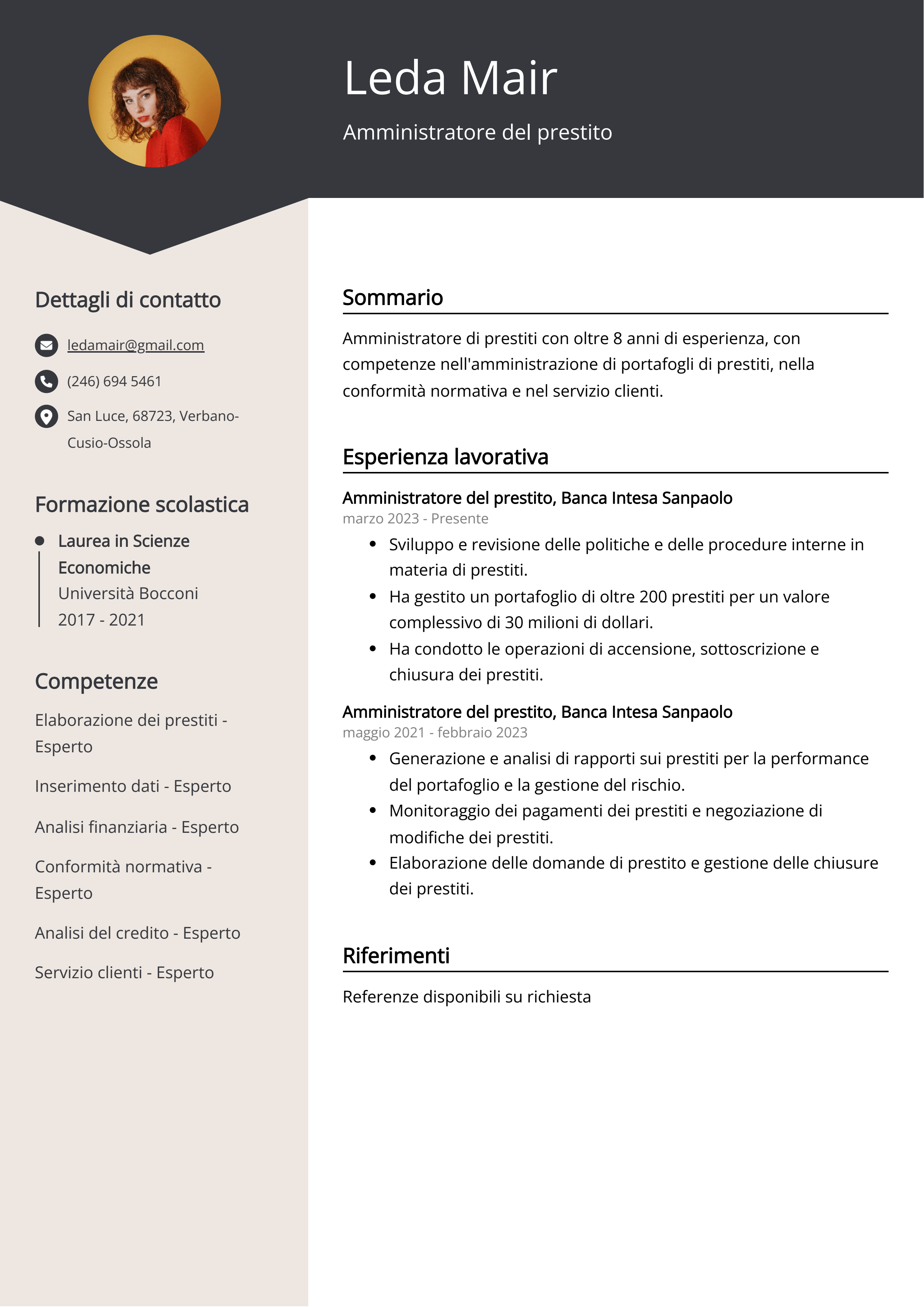 Esempio di curriculum per amministratore del prestito