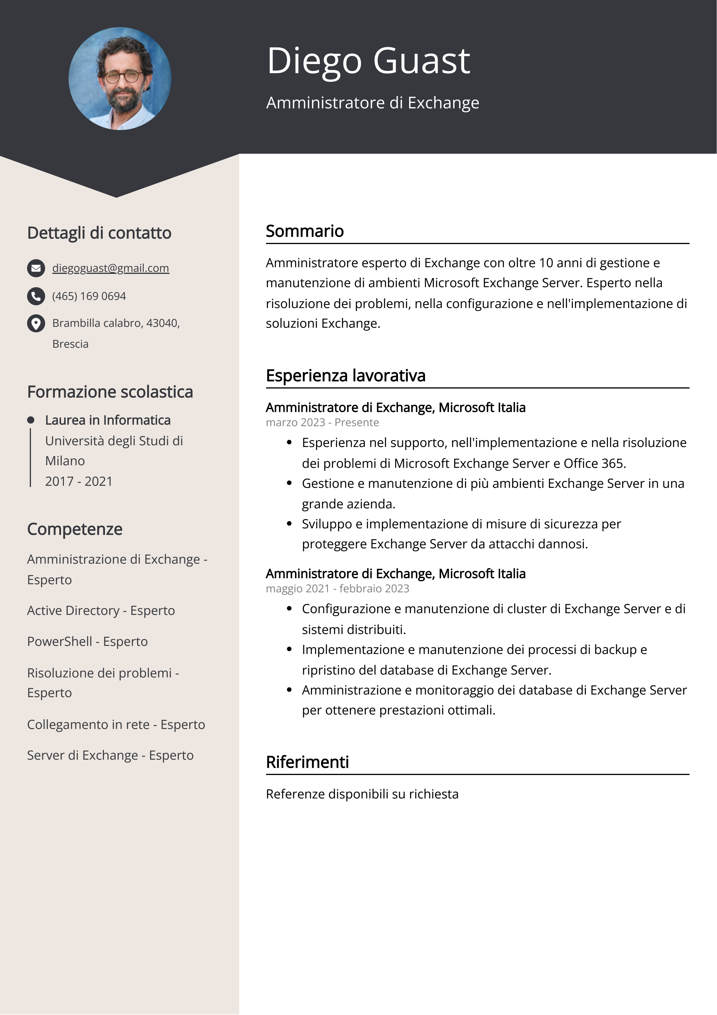 Esempio di curriculum dell'Amministratore di Exchange