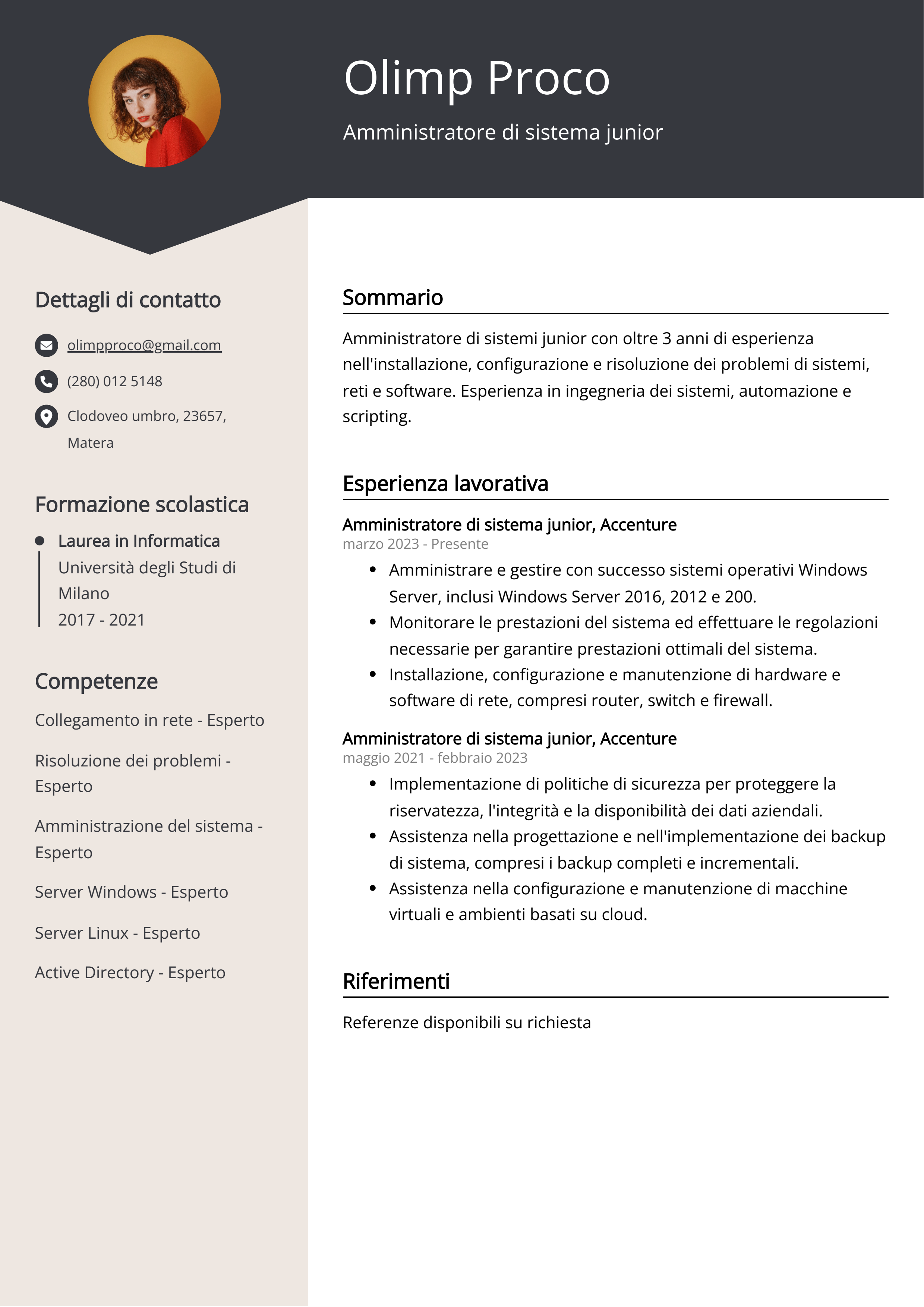 Amministratore di sistema junior Esempio di curriculum