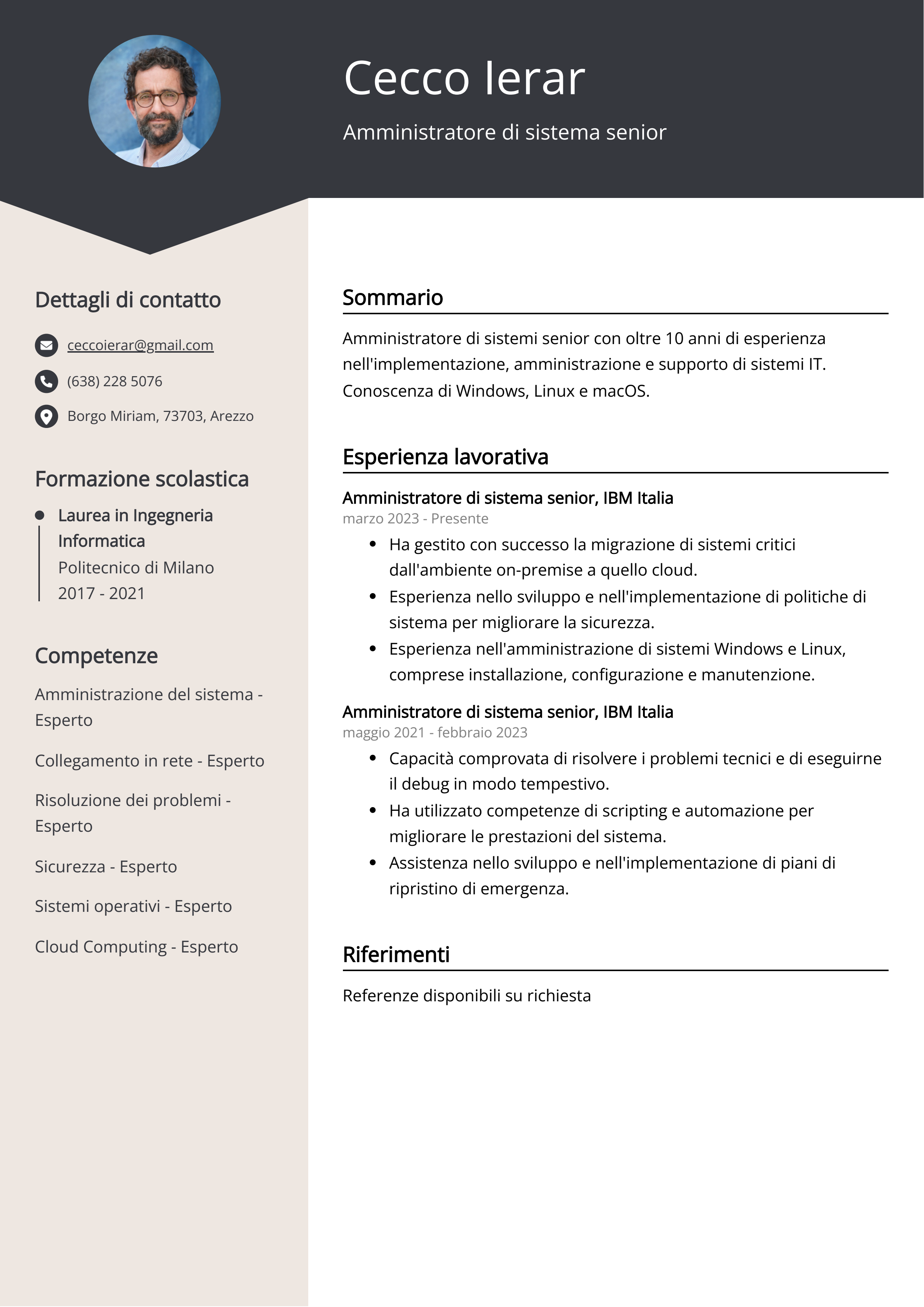 Amministratore di sistema senior Esempio di curriculum