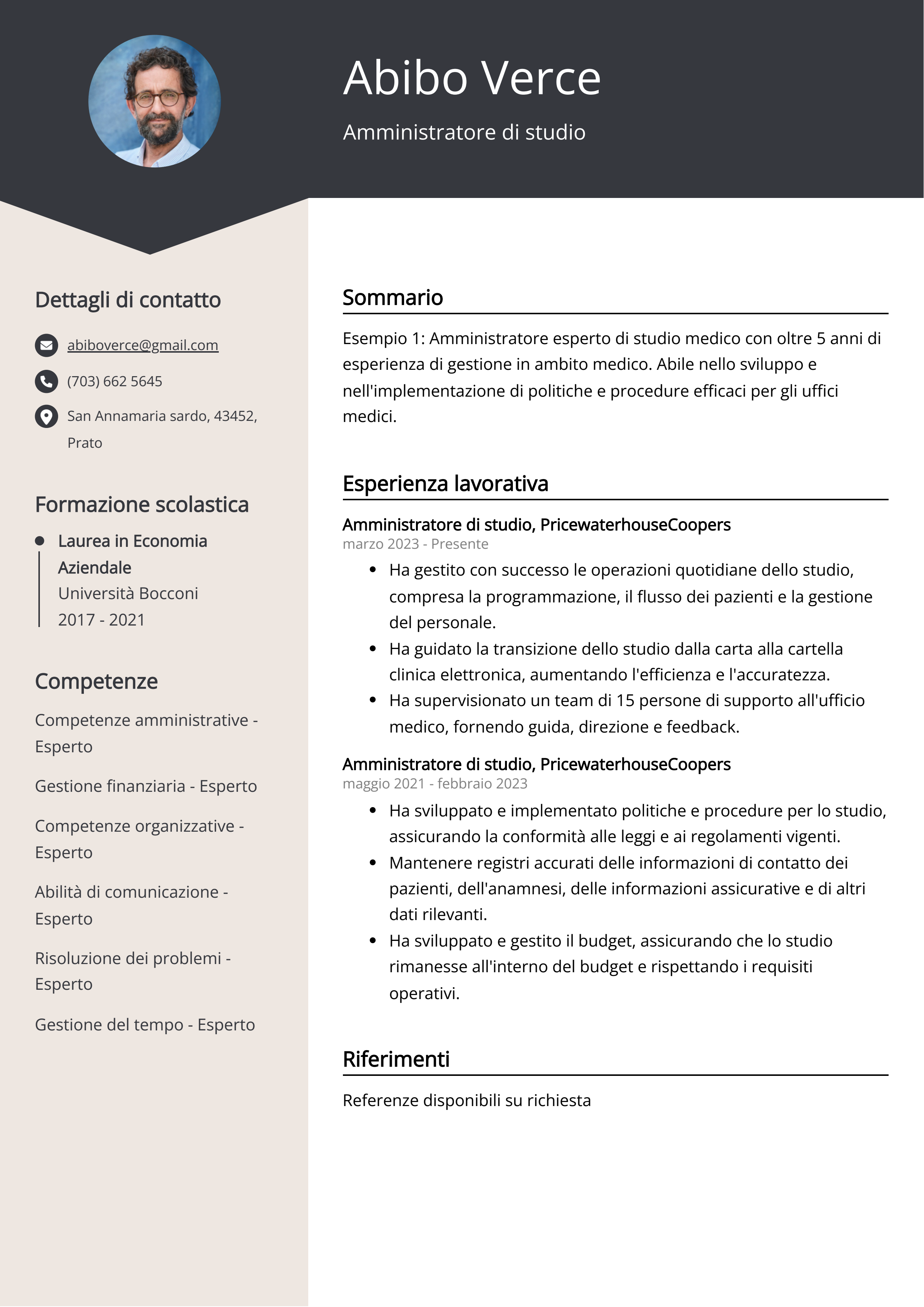 Esempio di curriculum per amministratore di studio