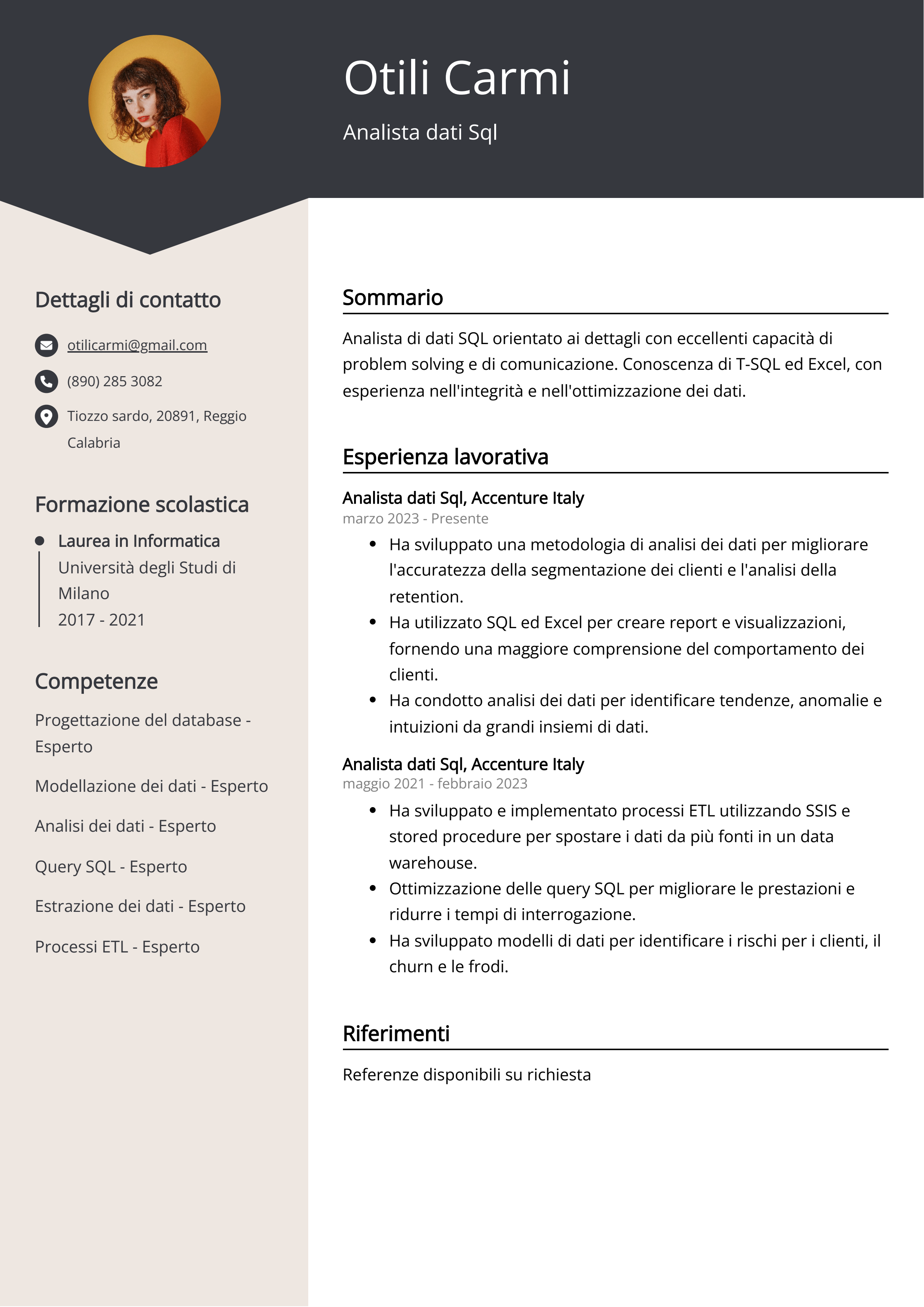 Analista dati Sql Esempio di curriculum