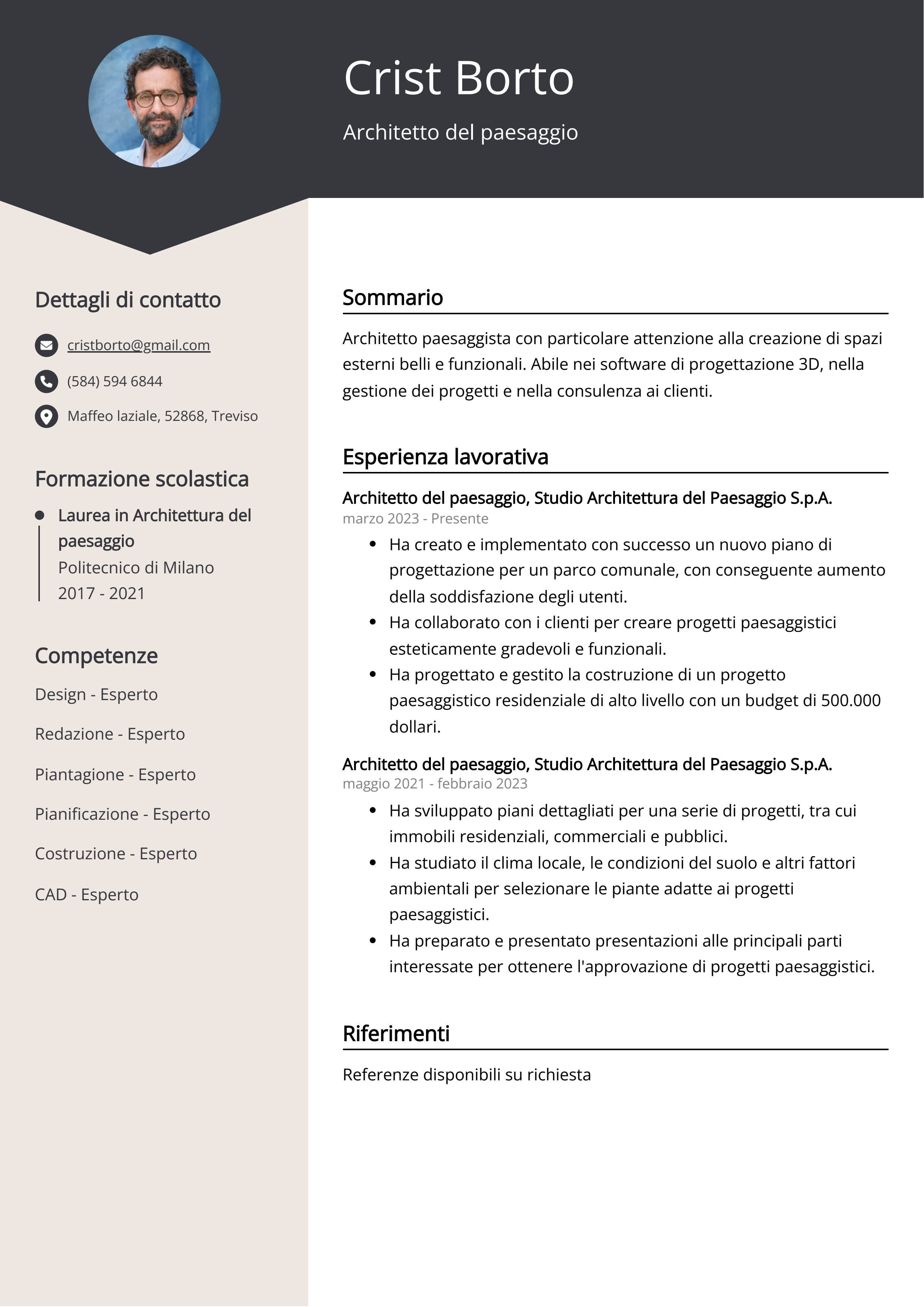 Esempio di curriculum dell'Architetto del paesaggio