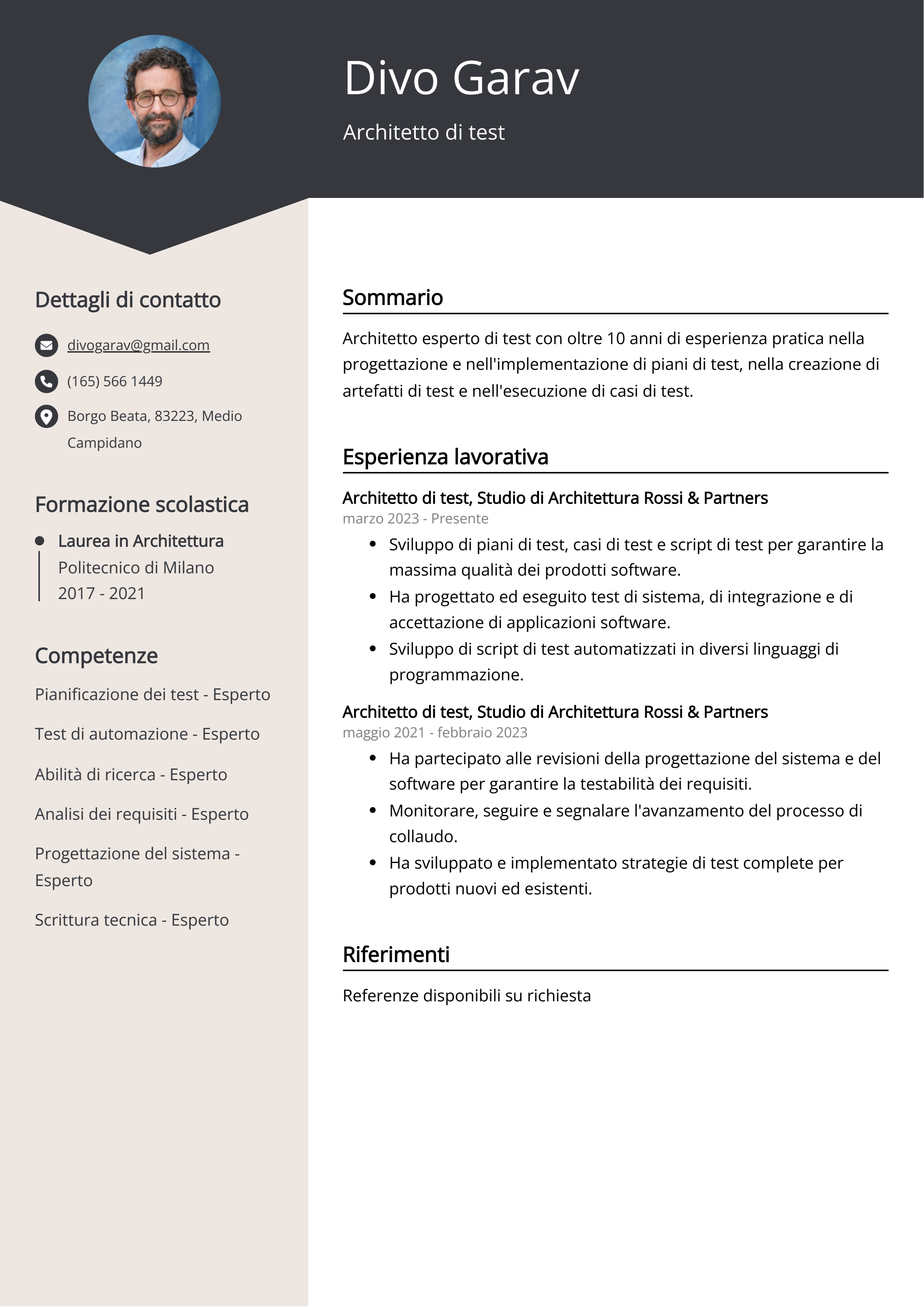 Esempio di curriculum per Architetto di test