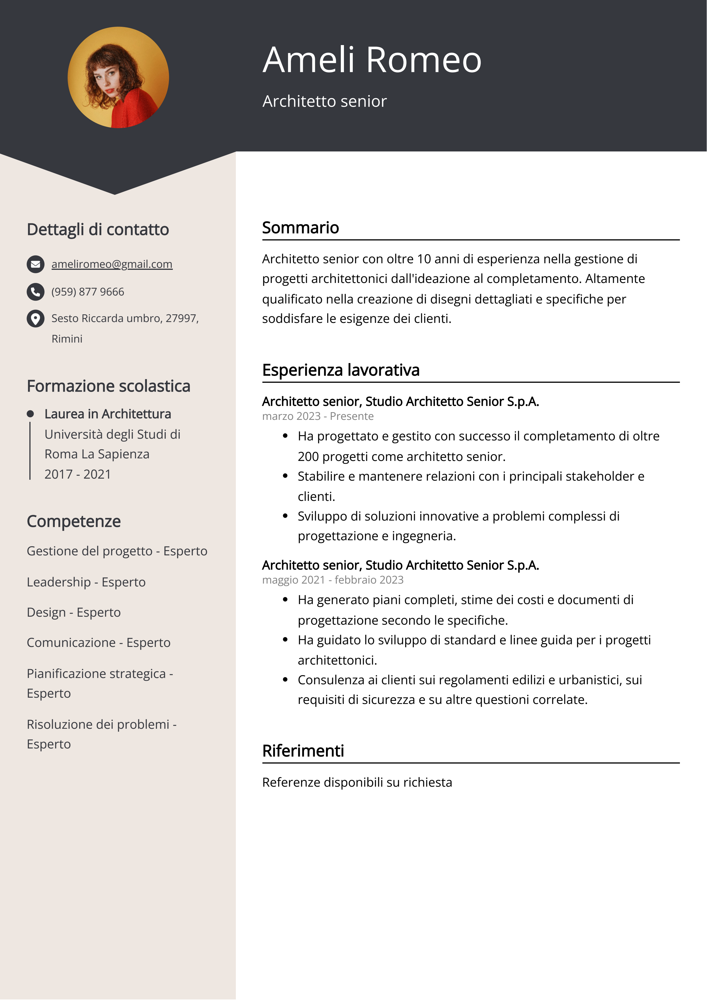 Esempio di curriculum per Architetto senior