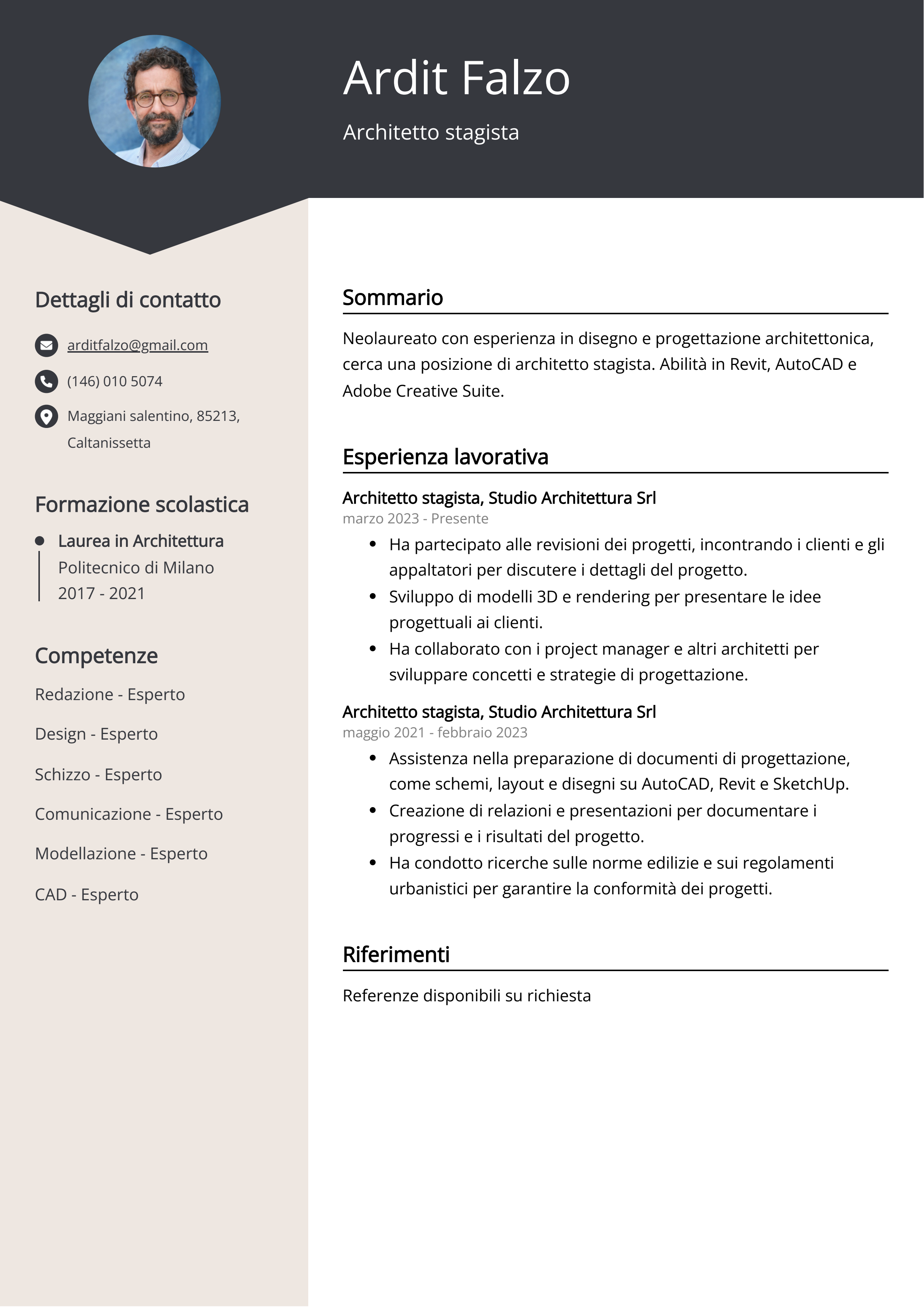 Architetto stagista Esempio di curriculum