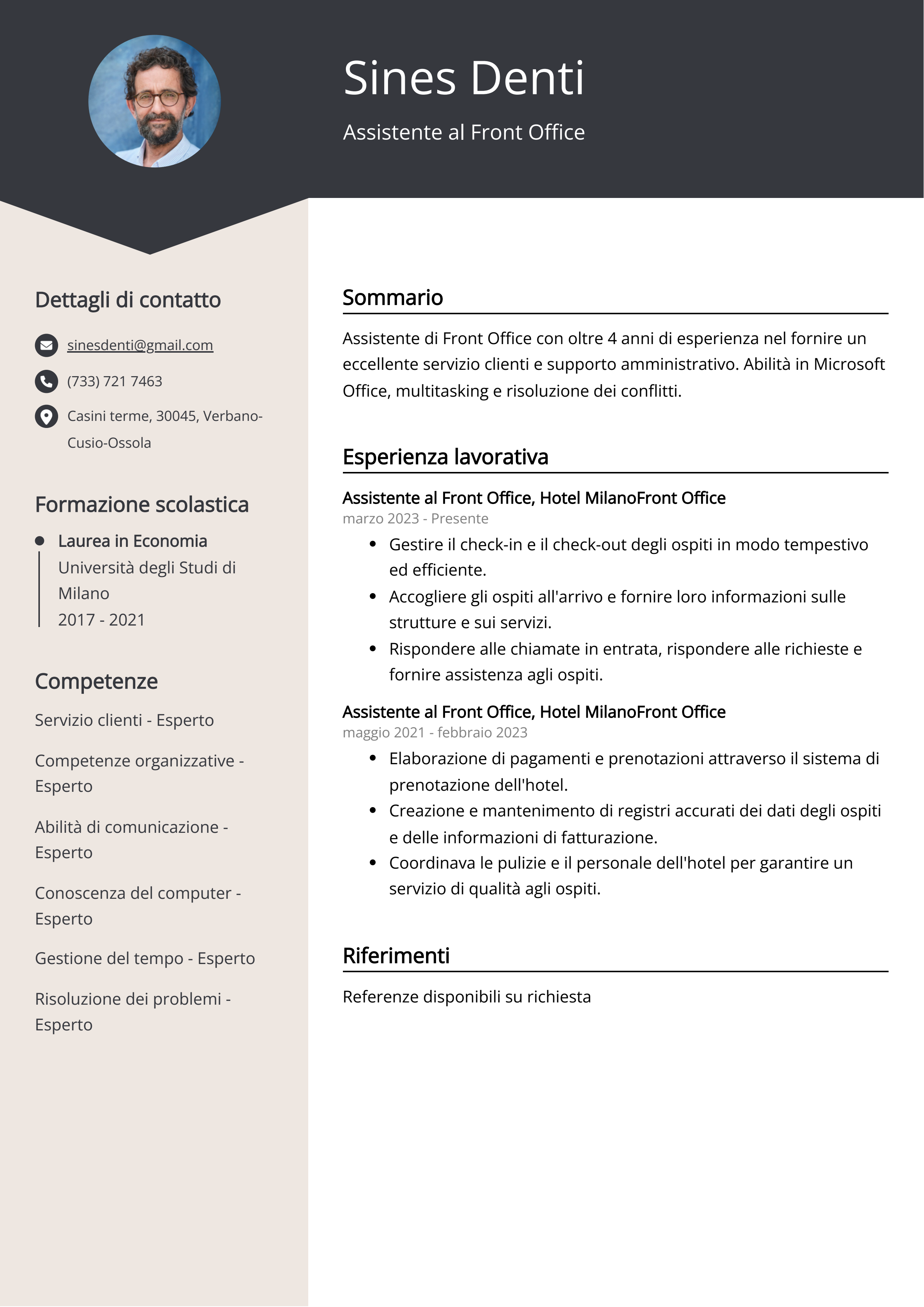 Esempio di curriculum per Assistente al Front Office