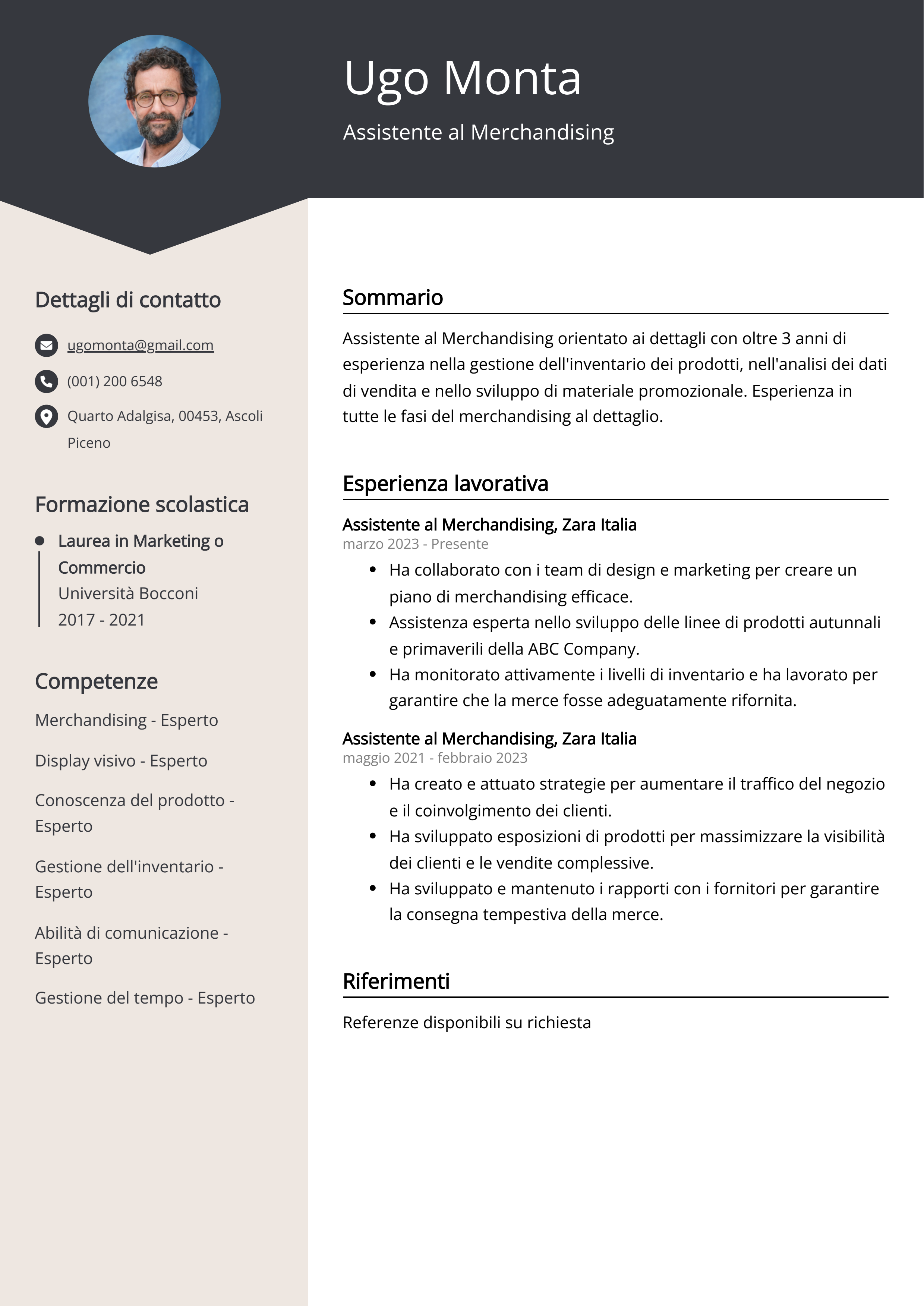 Esempio di curriculum per Assistente al Merchandising