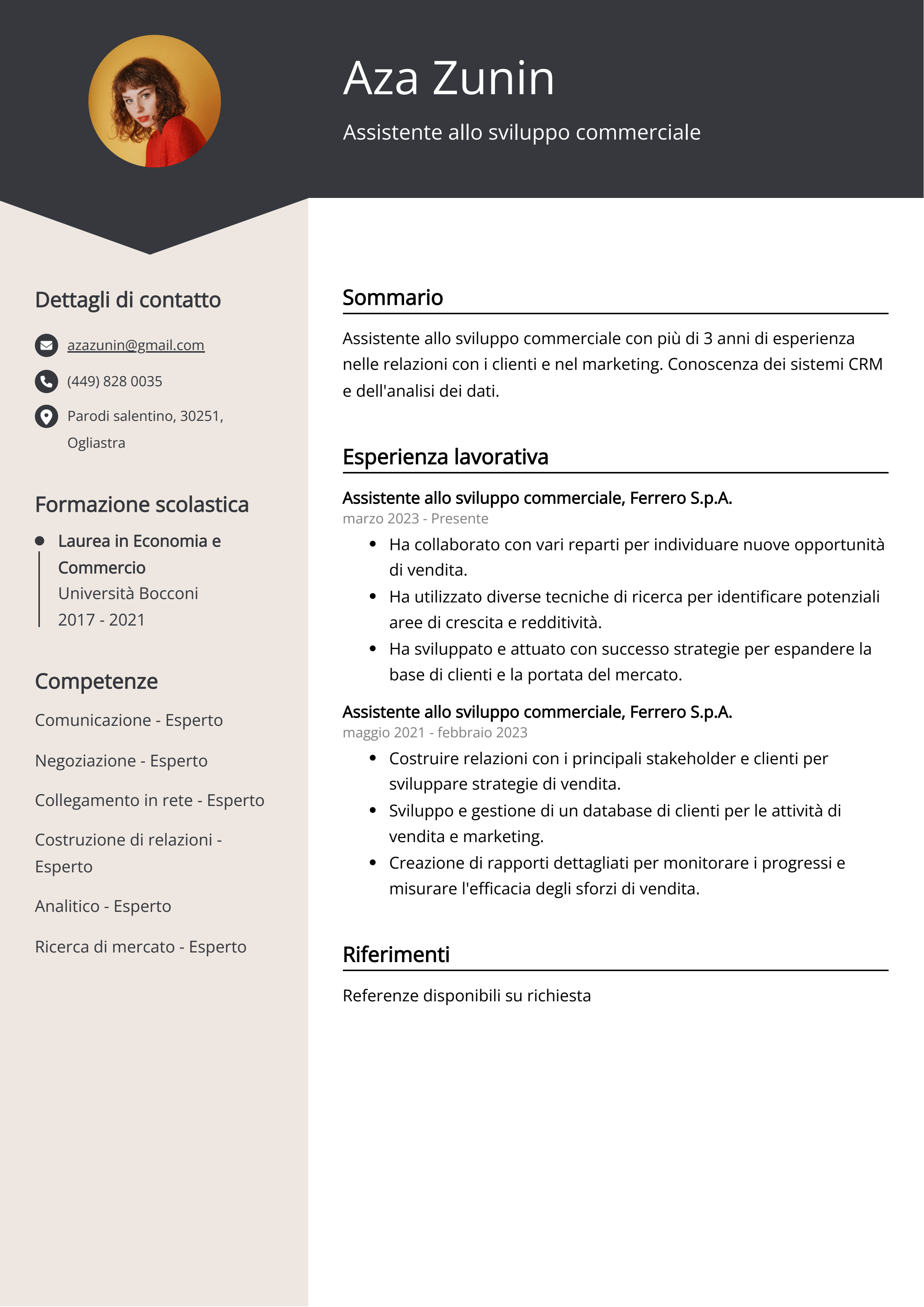 Esempio di curriculum per Assistente allo sviluppo commerciale