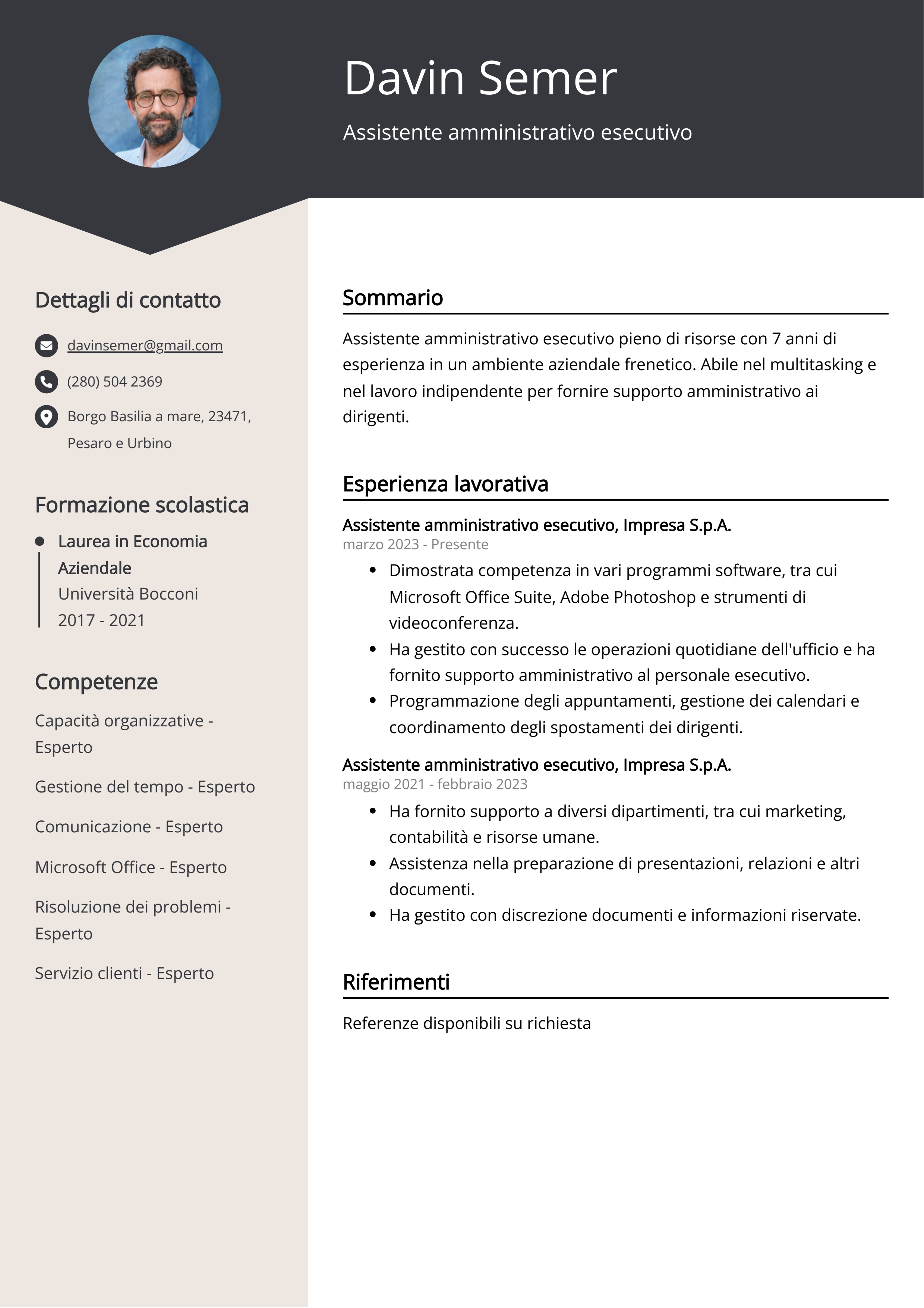 Esempio di curriculum per assistente amministrativo esecutivo