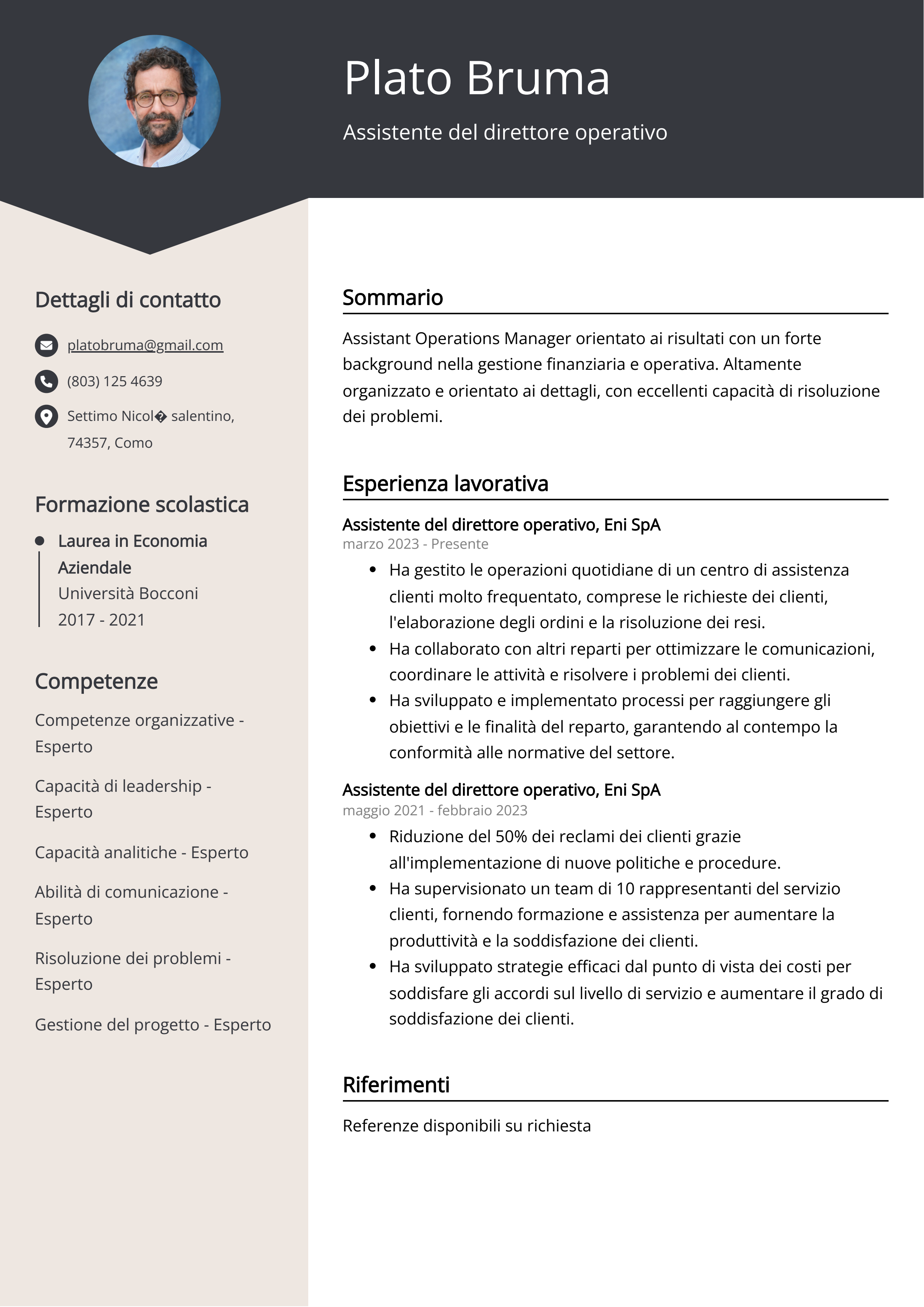 Esempio di curriculum dell'Assistente del direttore operativo