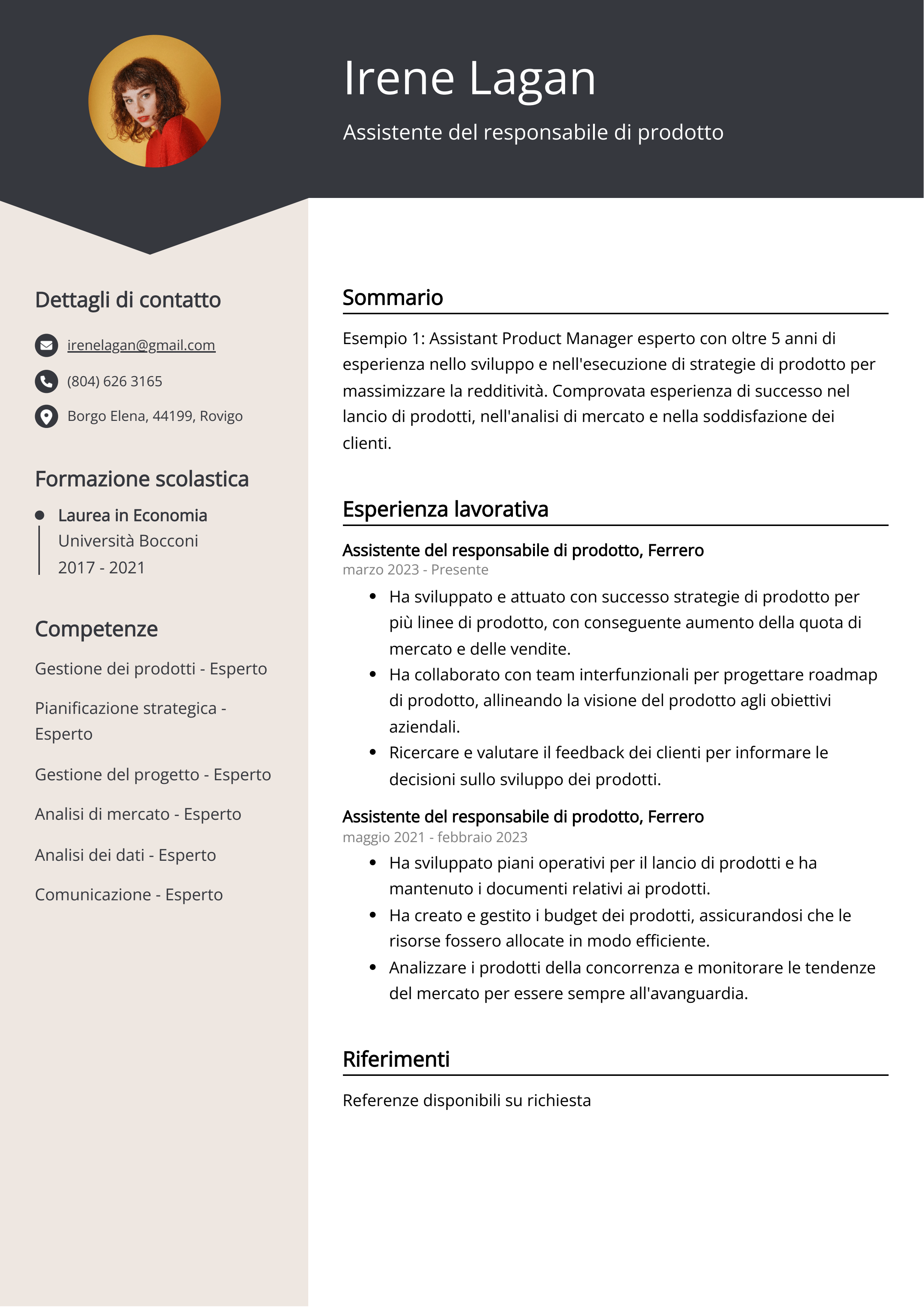 Assistente del responsabile di prodotto Esempio di curriculum