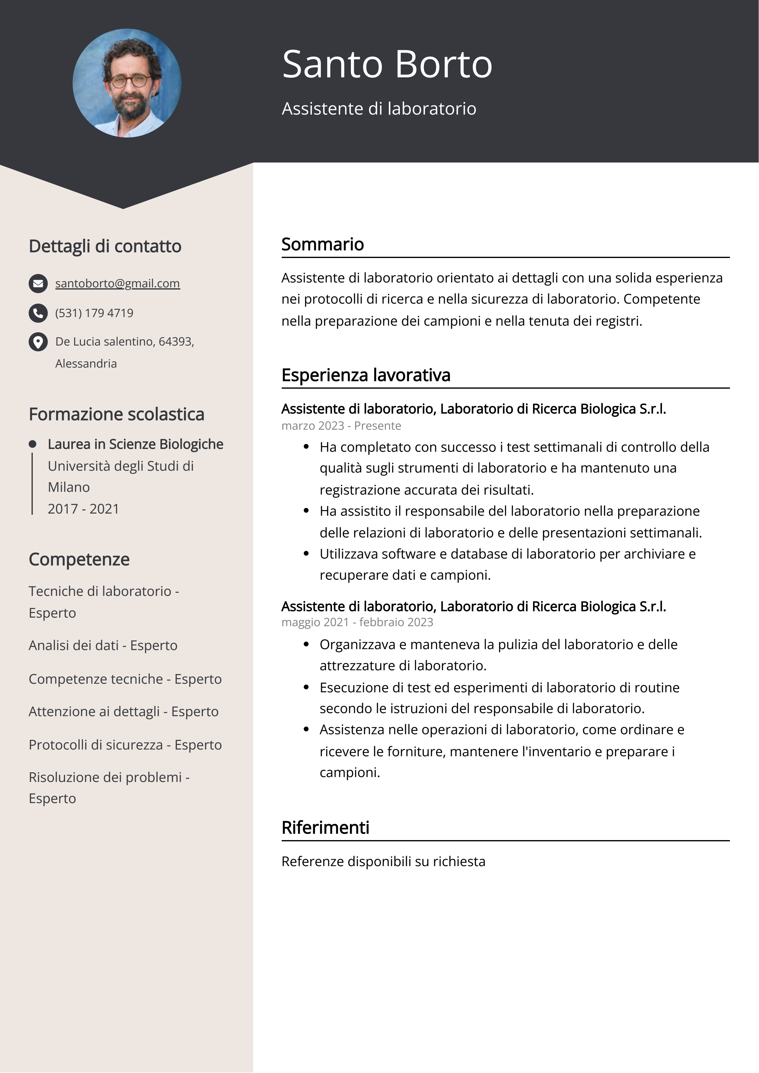 Esempio di curriculum per assistente di laboratorio