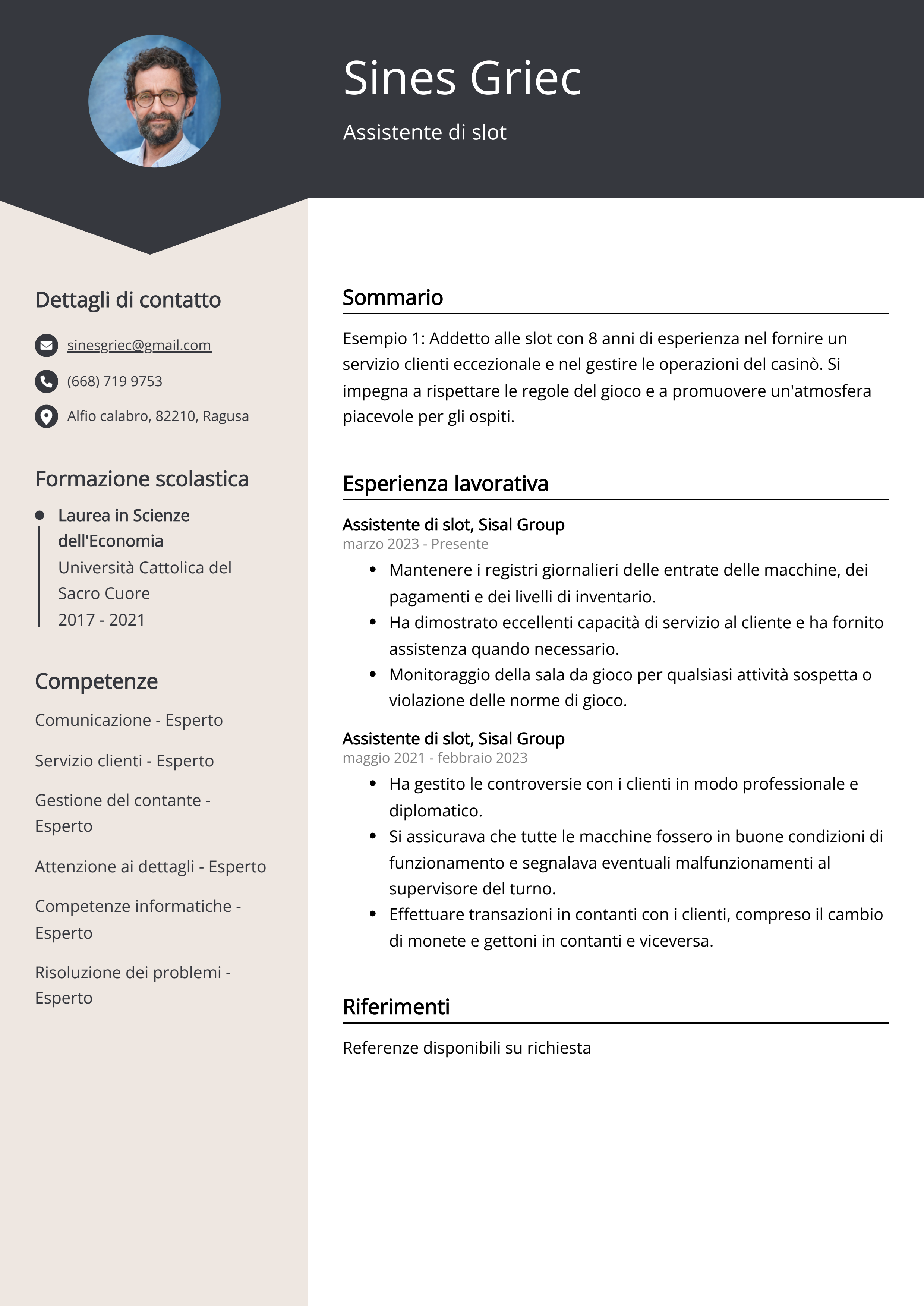 Esempio di curriculum per Assistente di slot