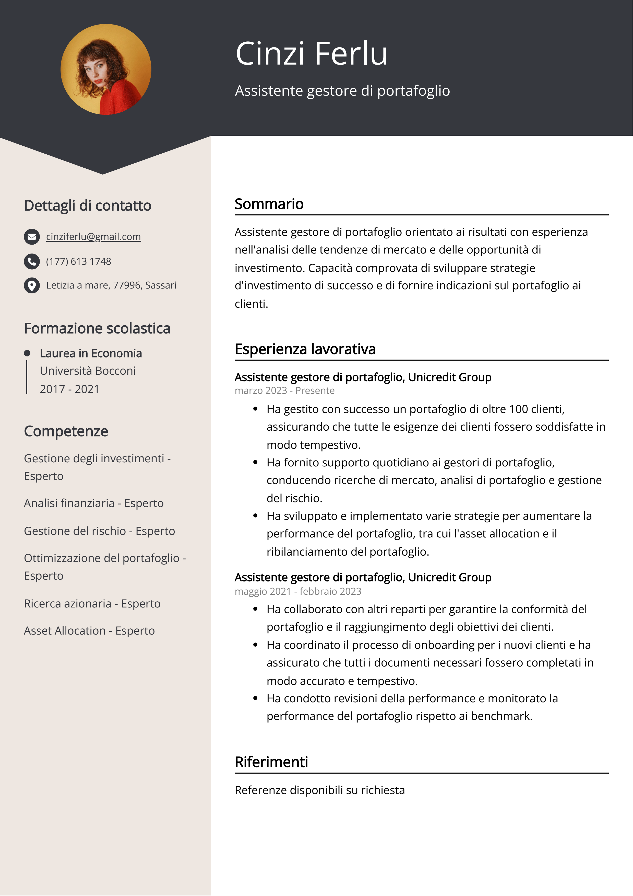 Assistente gestore di portafoglio Esempio di curriculum