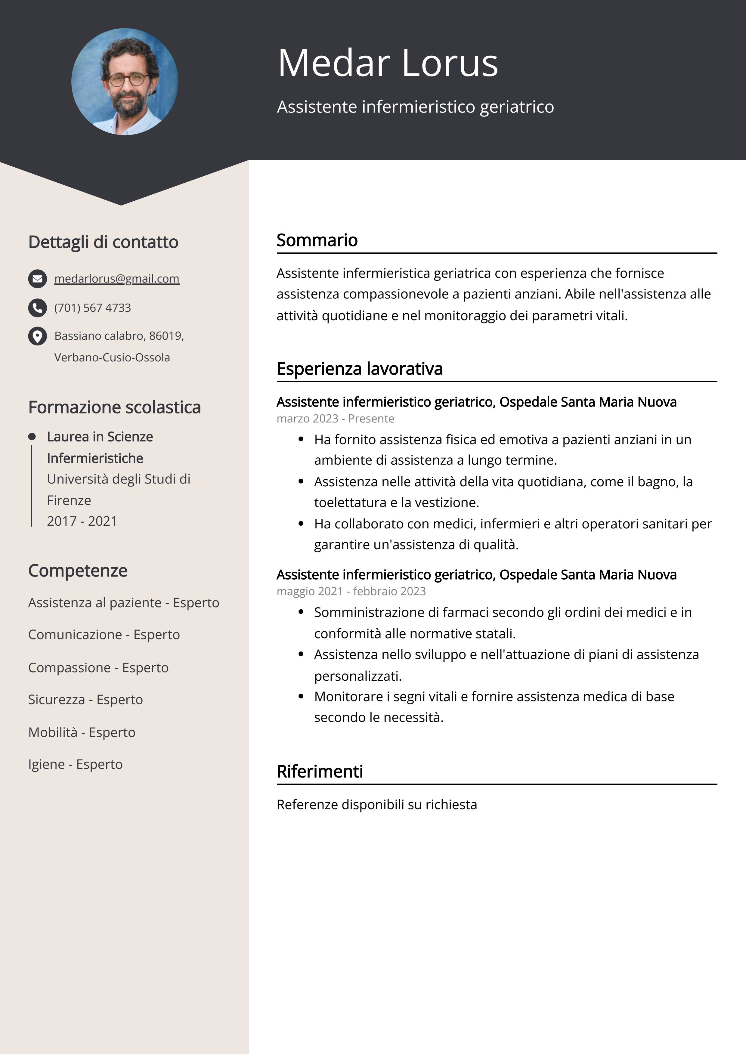 Assistente infermieristico geriatrico Esempio di curriculum vitae