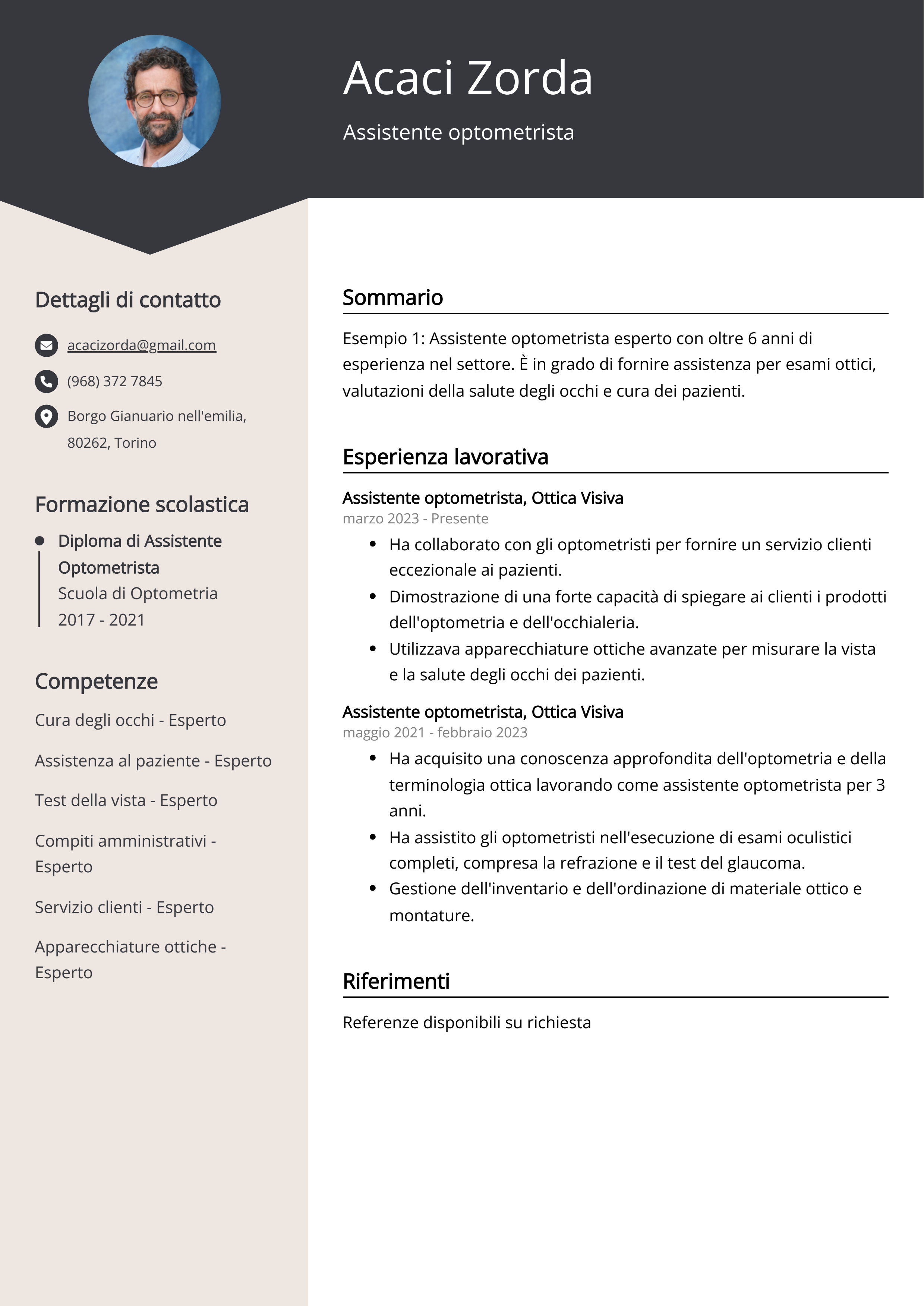 Esempio di curriculum dell'assistente optometrista