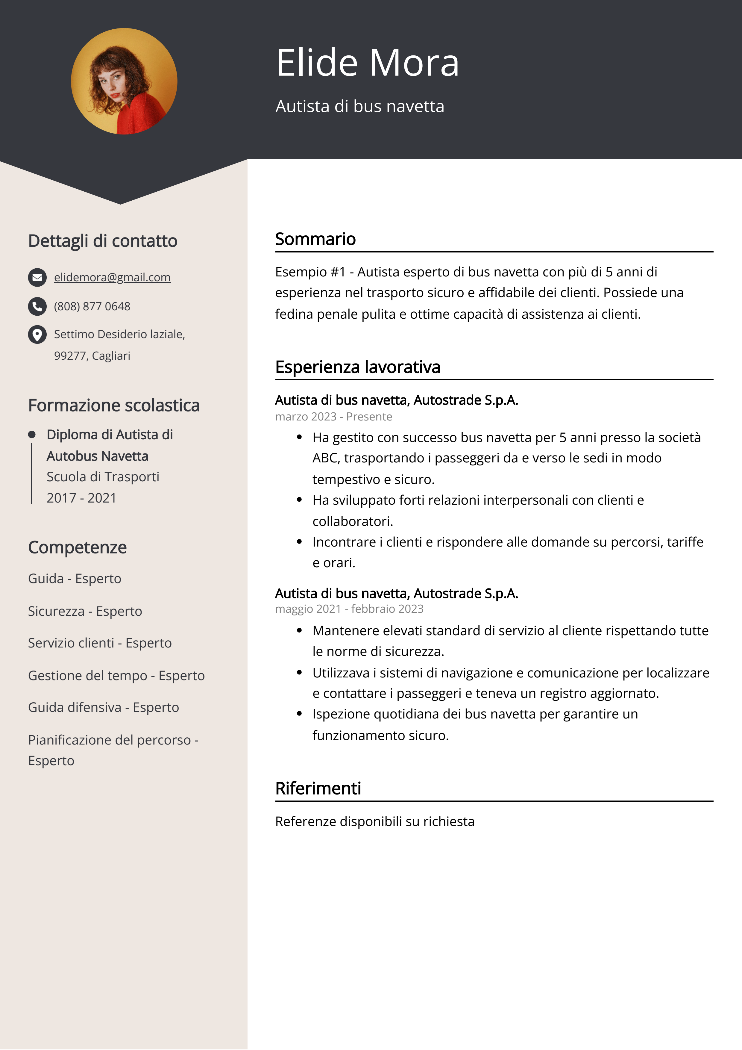 Autista di bus navetta Esempio di curriculum