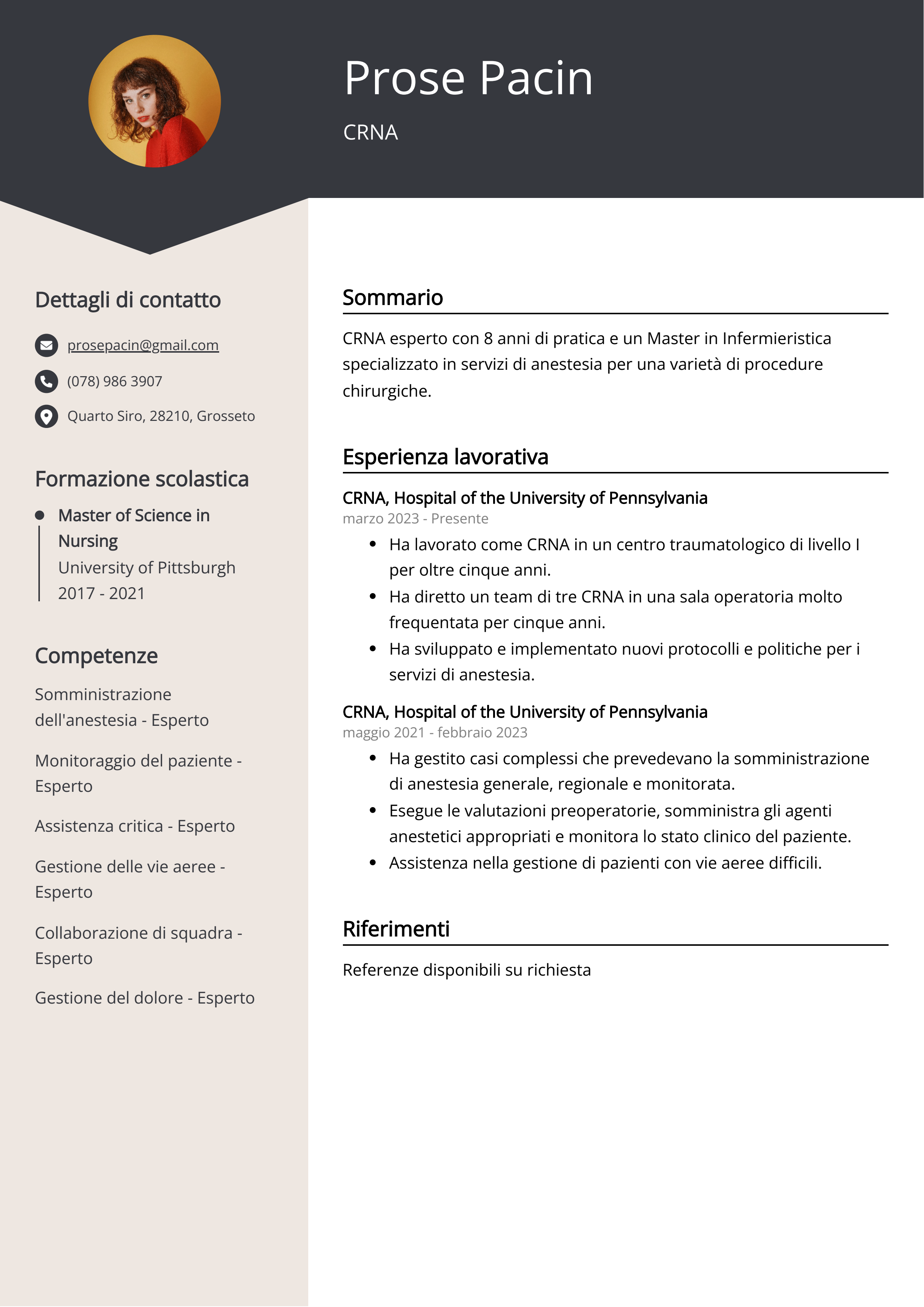 Esempio di curriculum CRNA