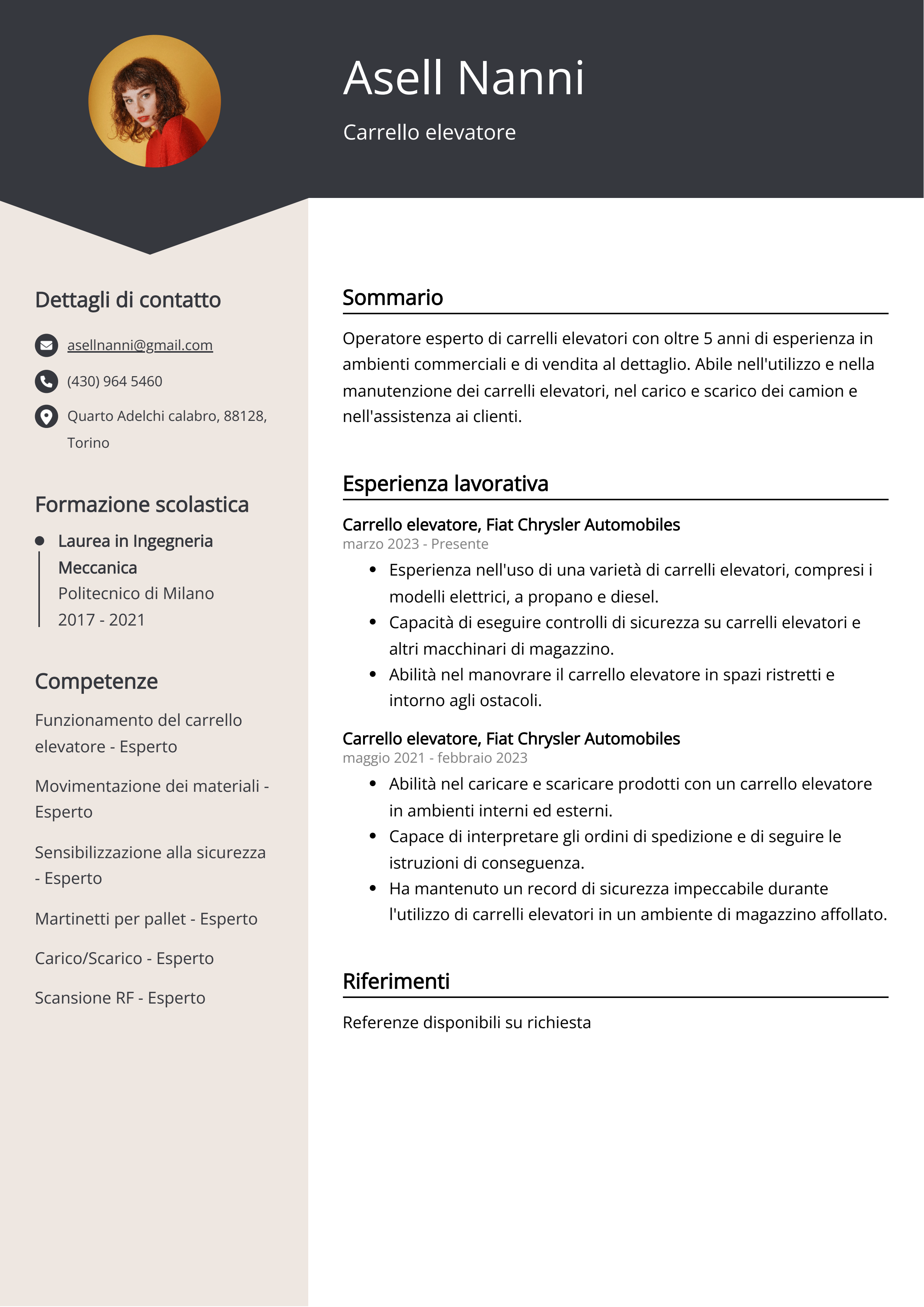 Esempio di curriculum per carrello elevatore