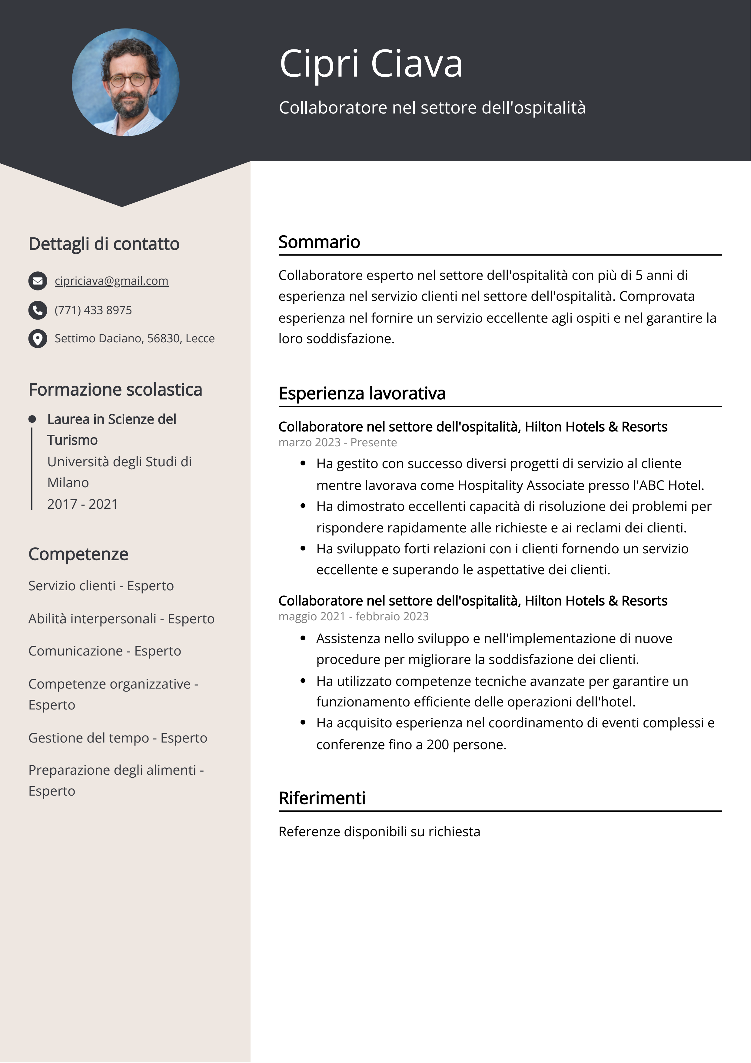 Collaboratore nel settore dell'ospitalità Esempio di curriculum