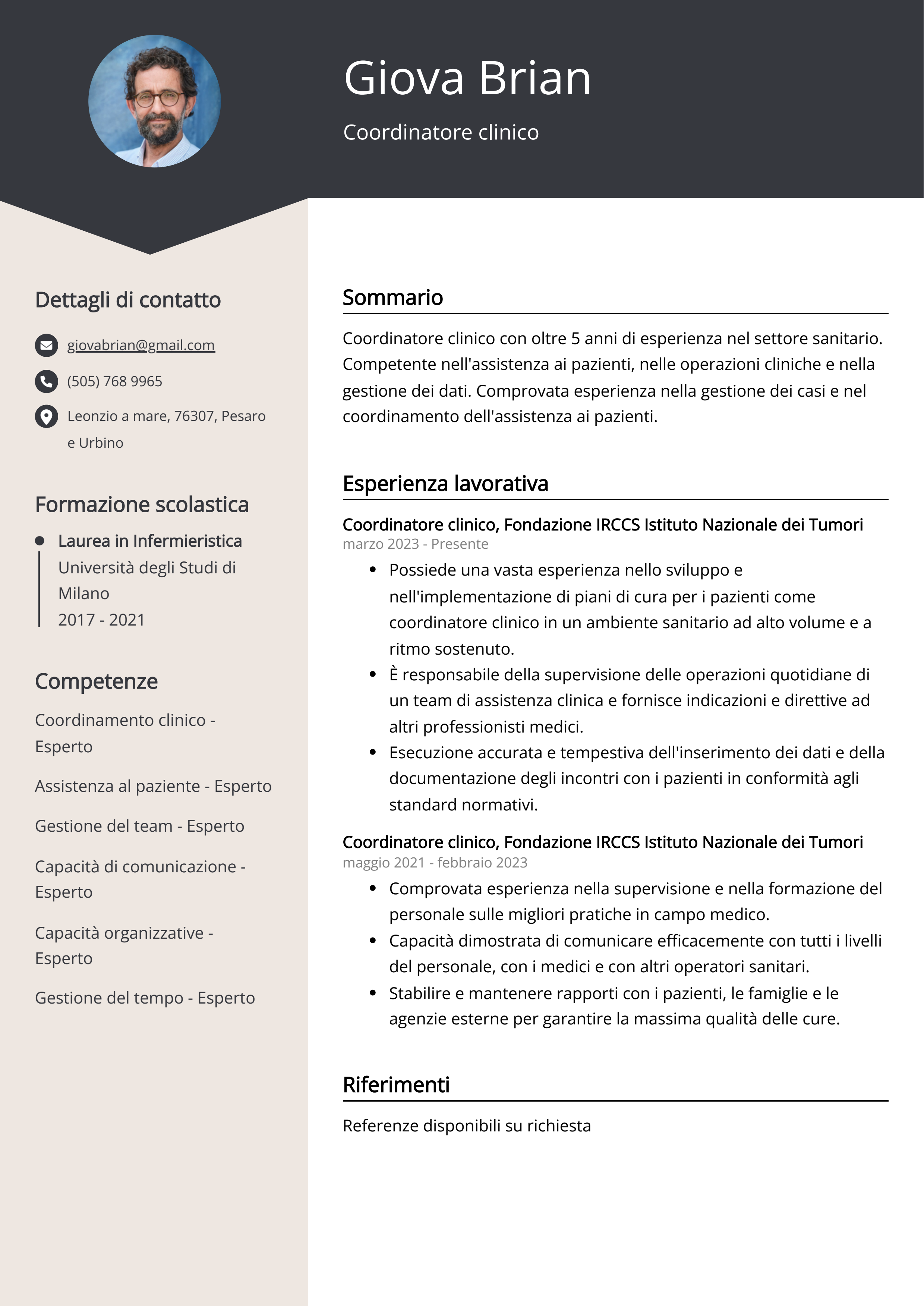 Esempio di curriculum del coordinatore clinico