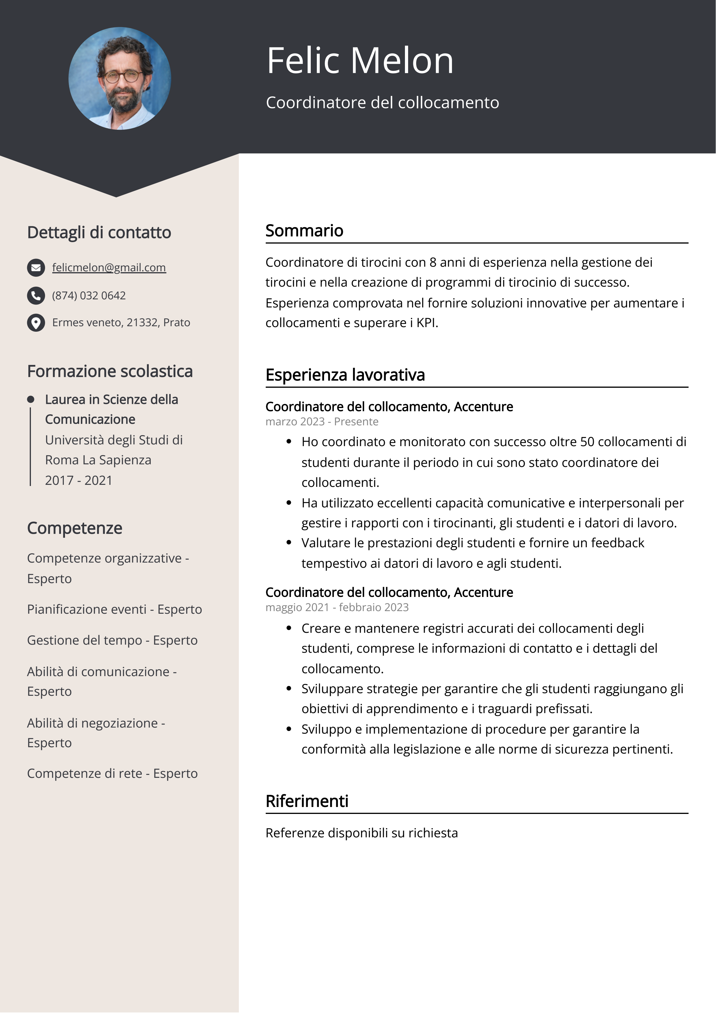 Esempio di curriculum del coordinatore del collocamento