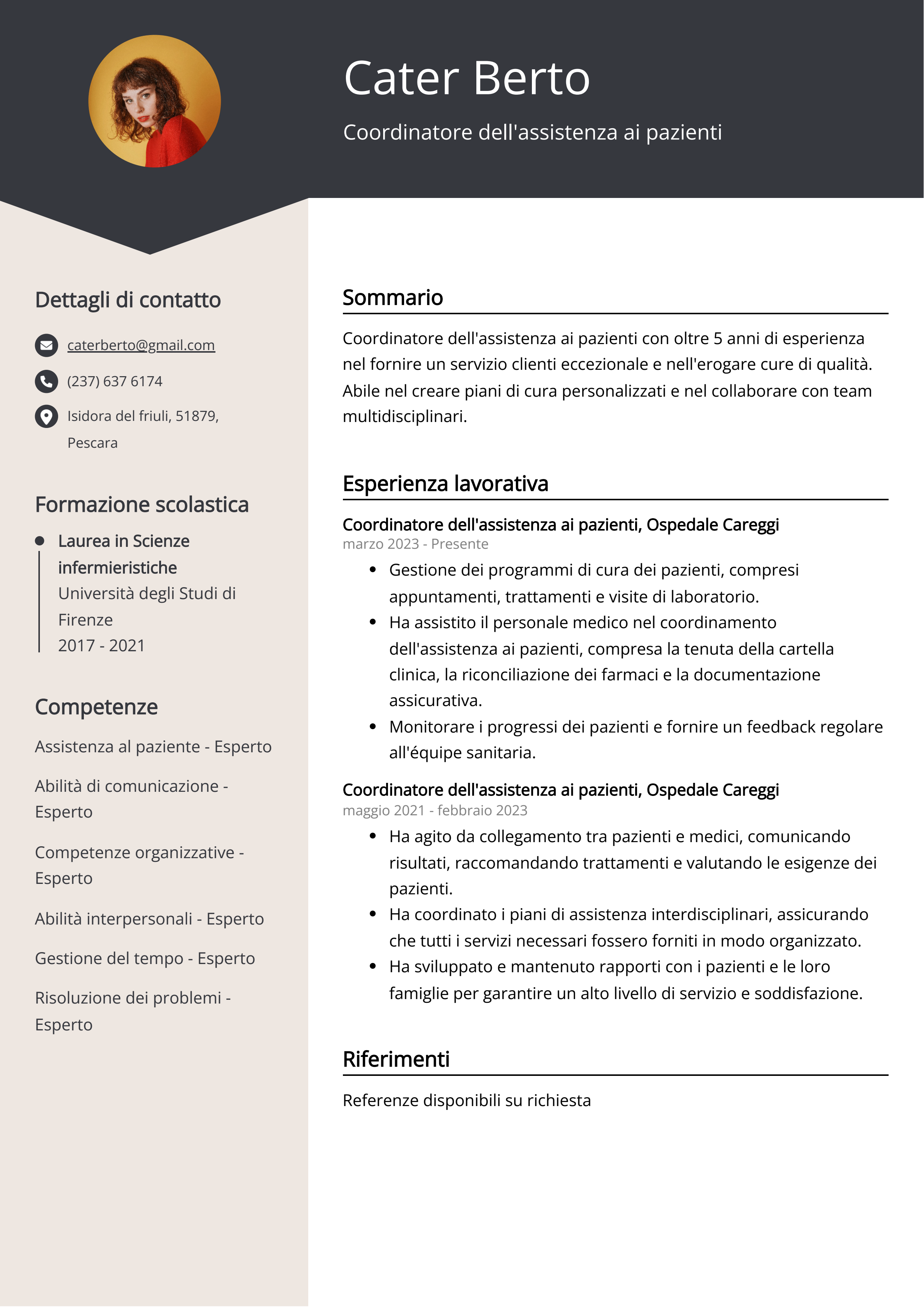 Esempio di curriculum del coordinatore dell'assistenza ai pazienti