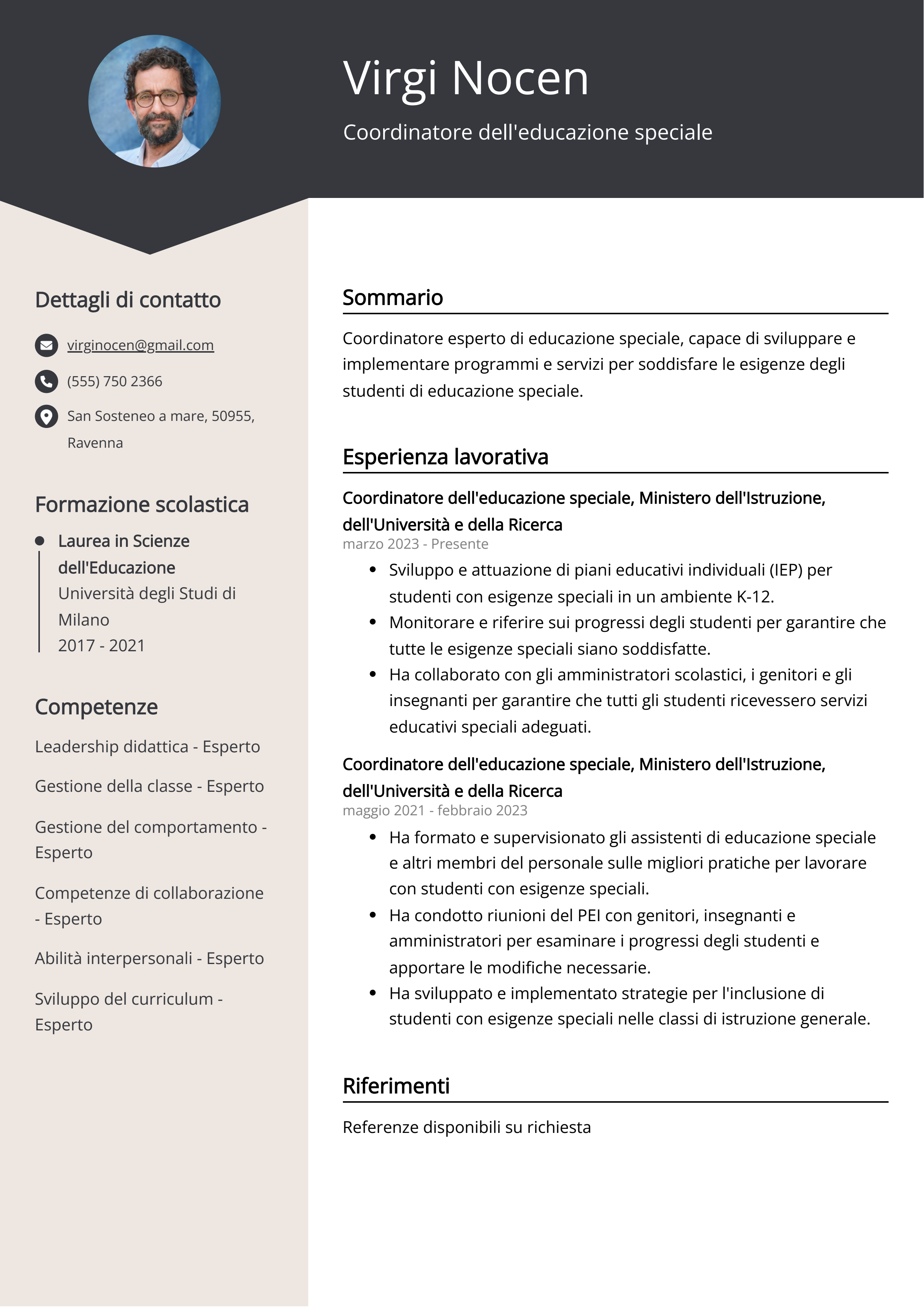 Esempio di curriculum del Coordinatore dell'educazione speciale