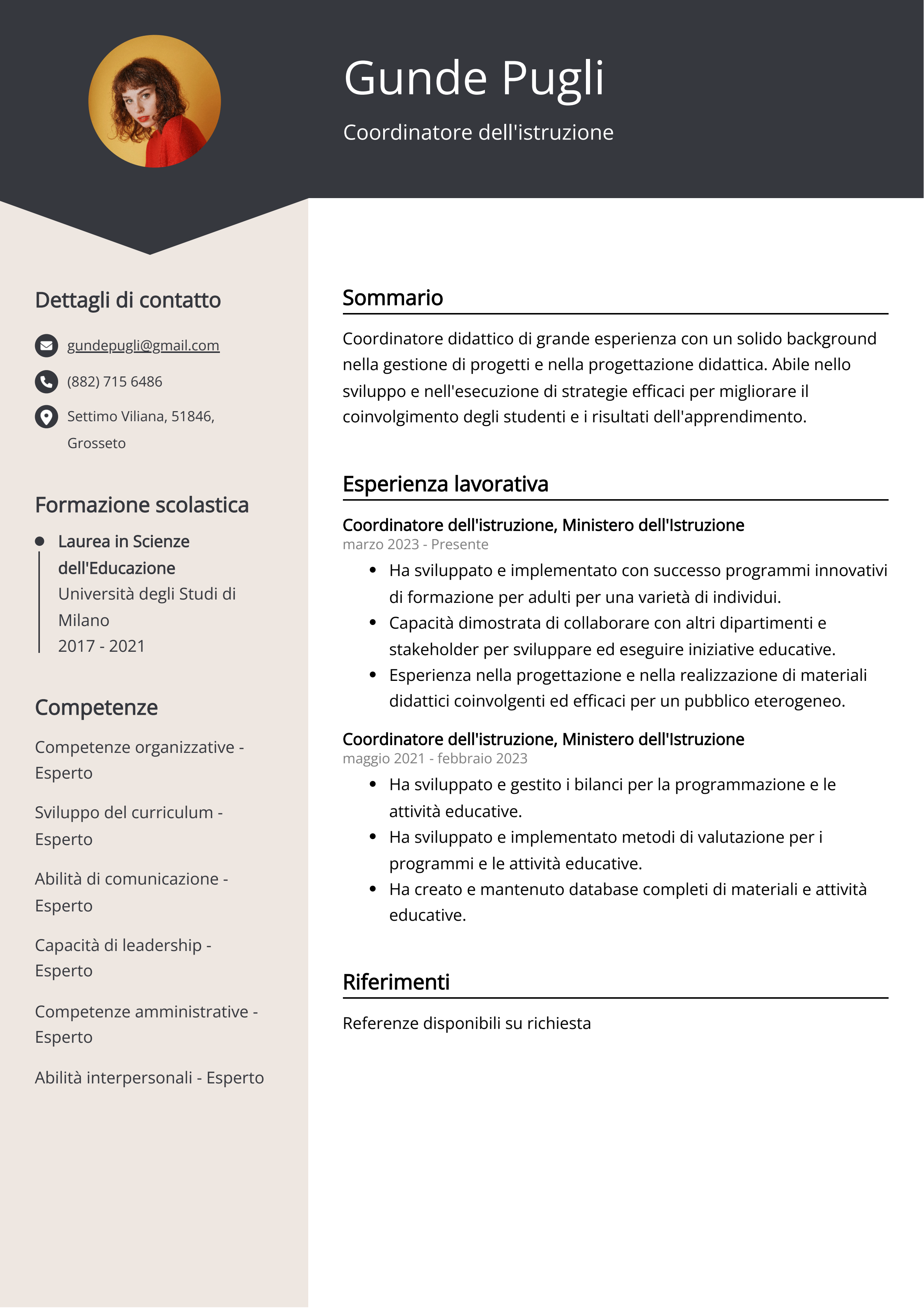 Esempio di curriculum del coordinatore dell'istruzione