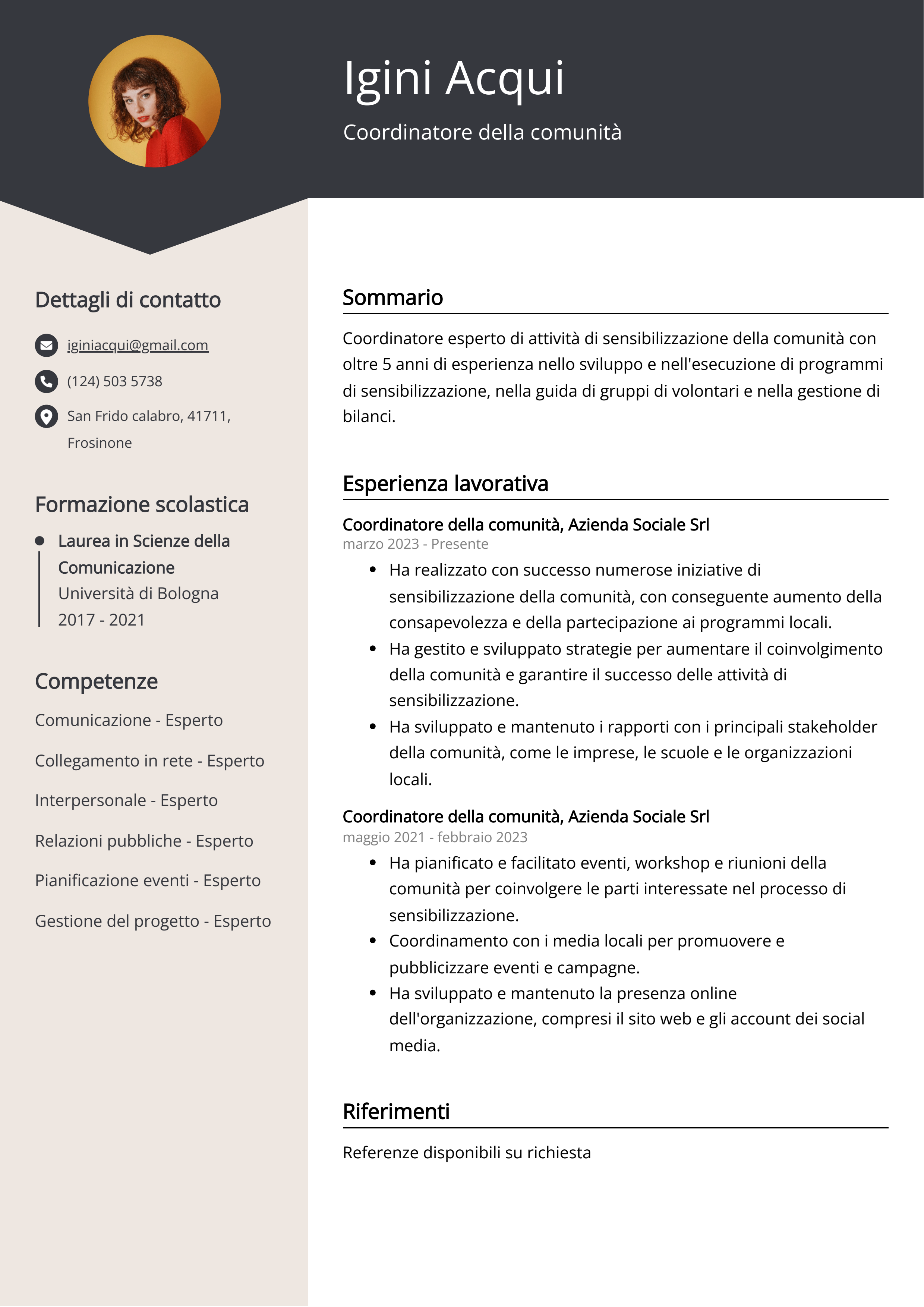 Esempio di curriculum del coordinatore della comunità