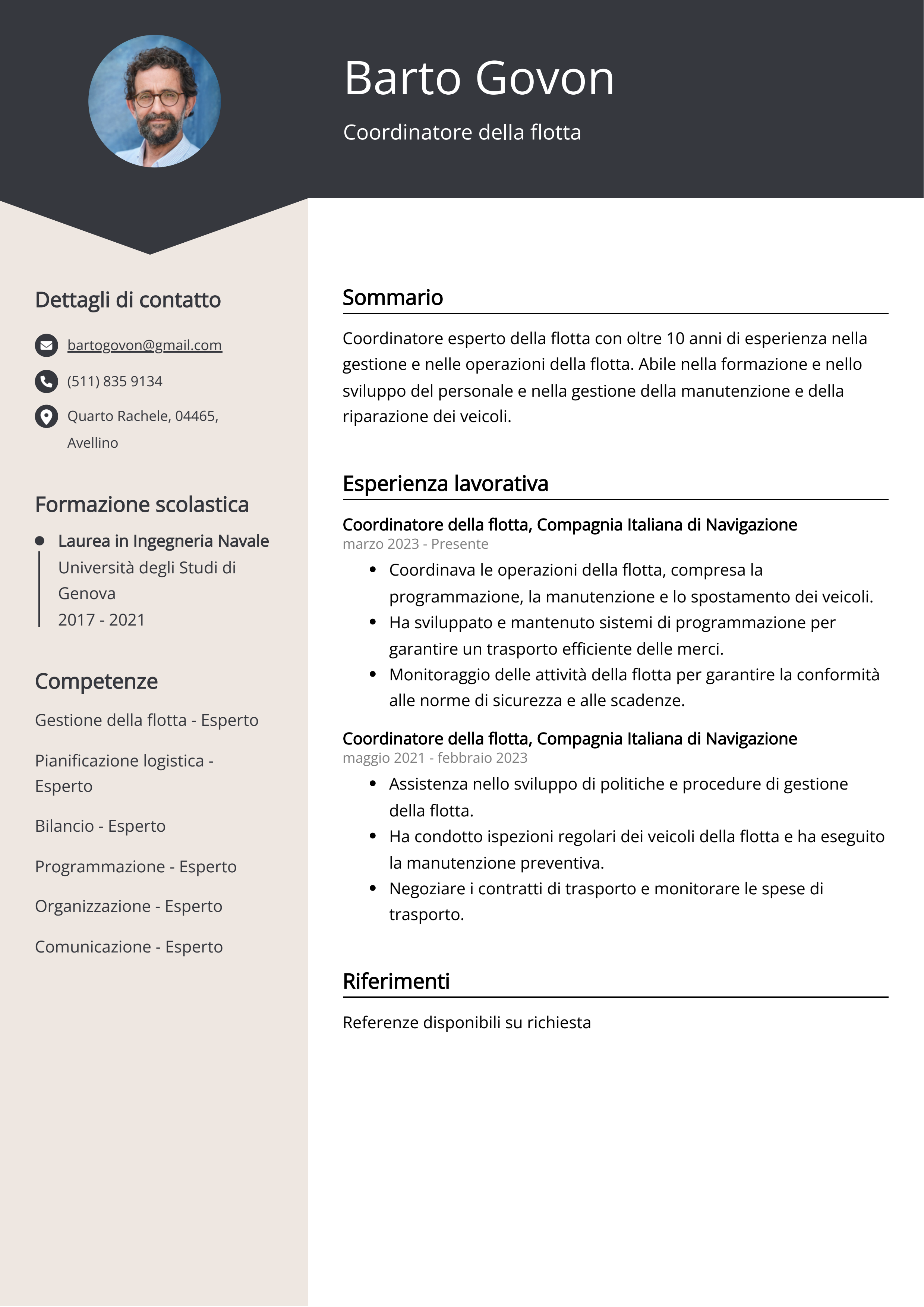 Esempio di curriculum del coordinatore della flotta