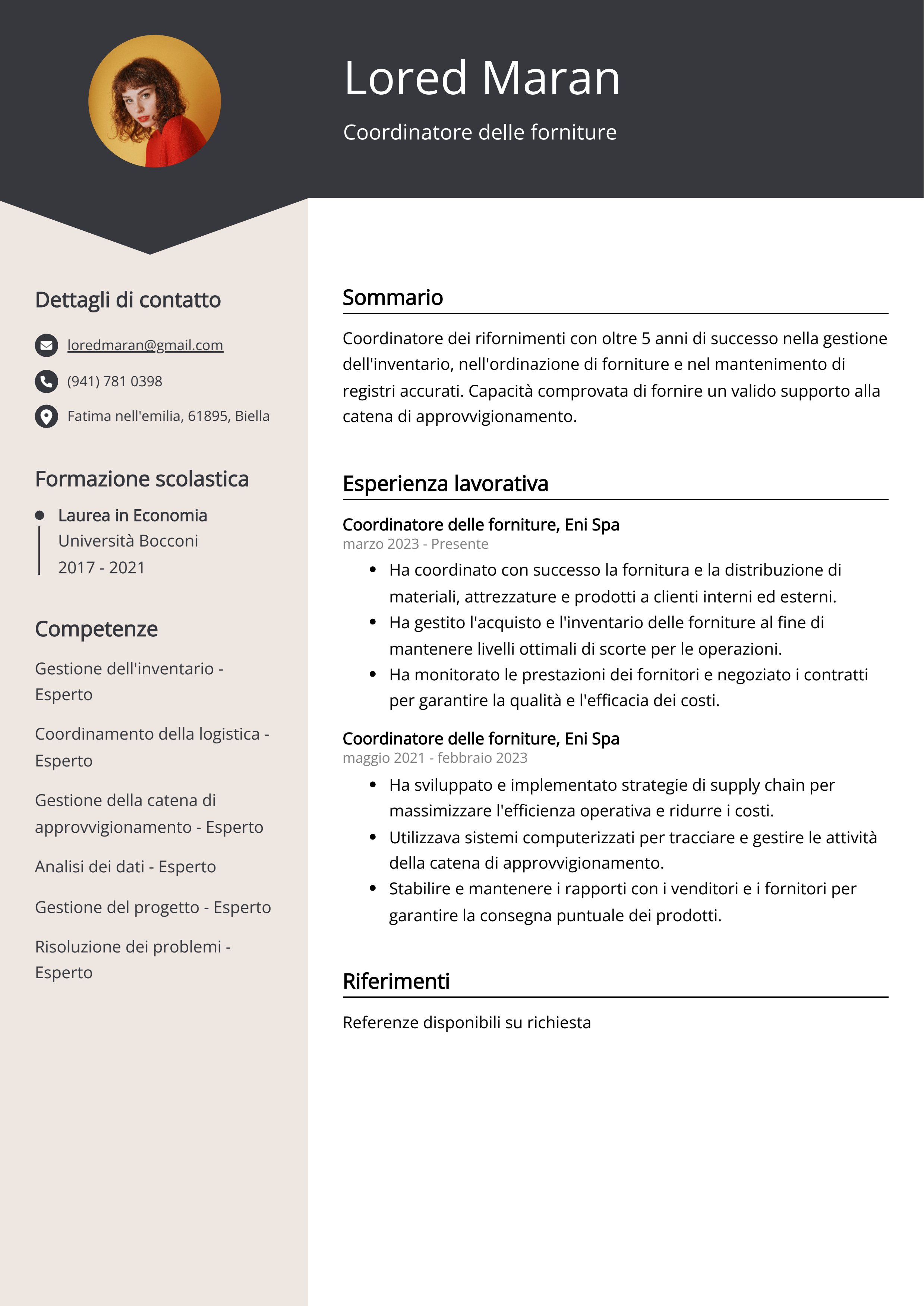 Esempio di curriculum del coordinatore delle forniture