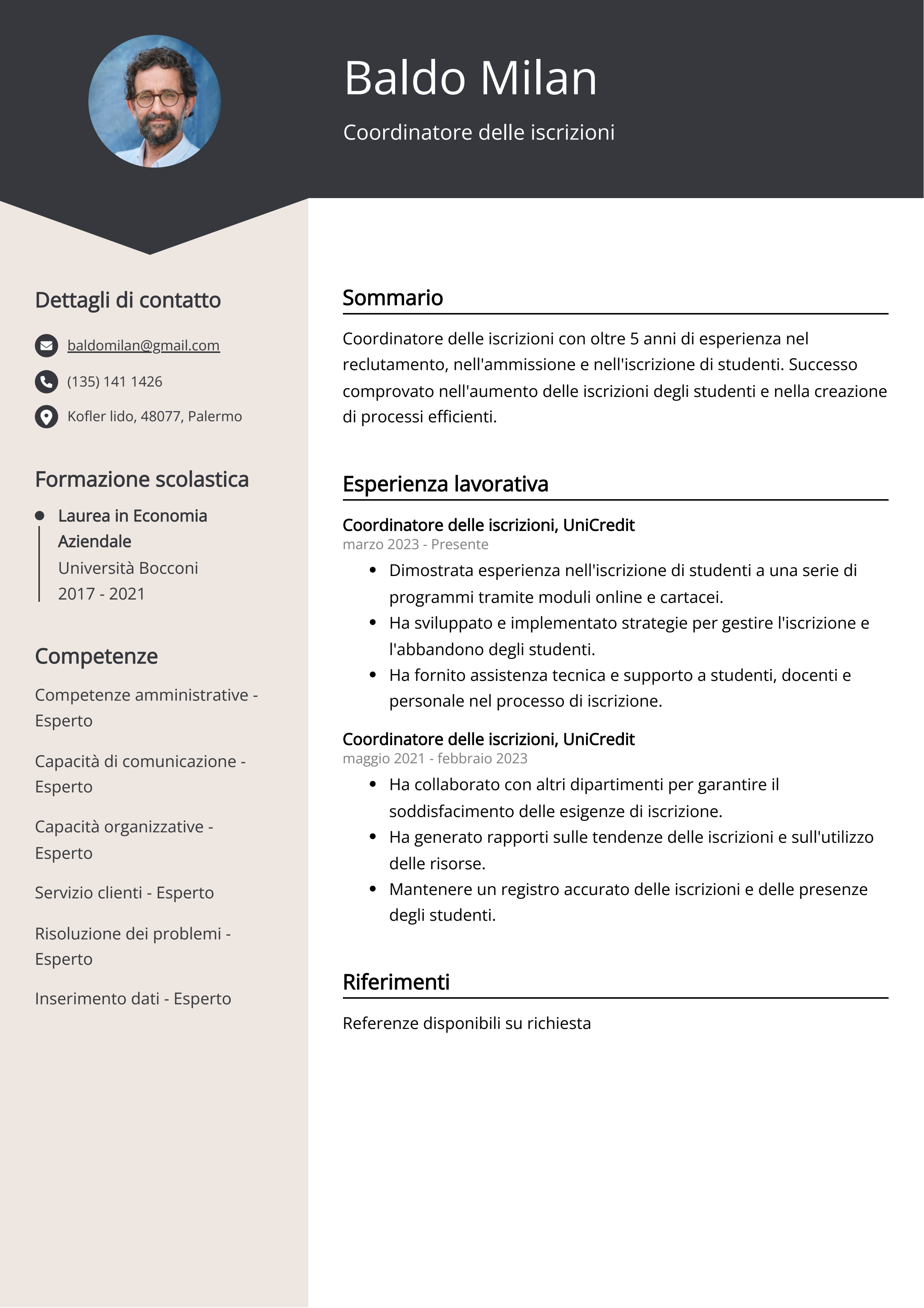 Esempio di curriculum del coordinatore delle iscrizioni