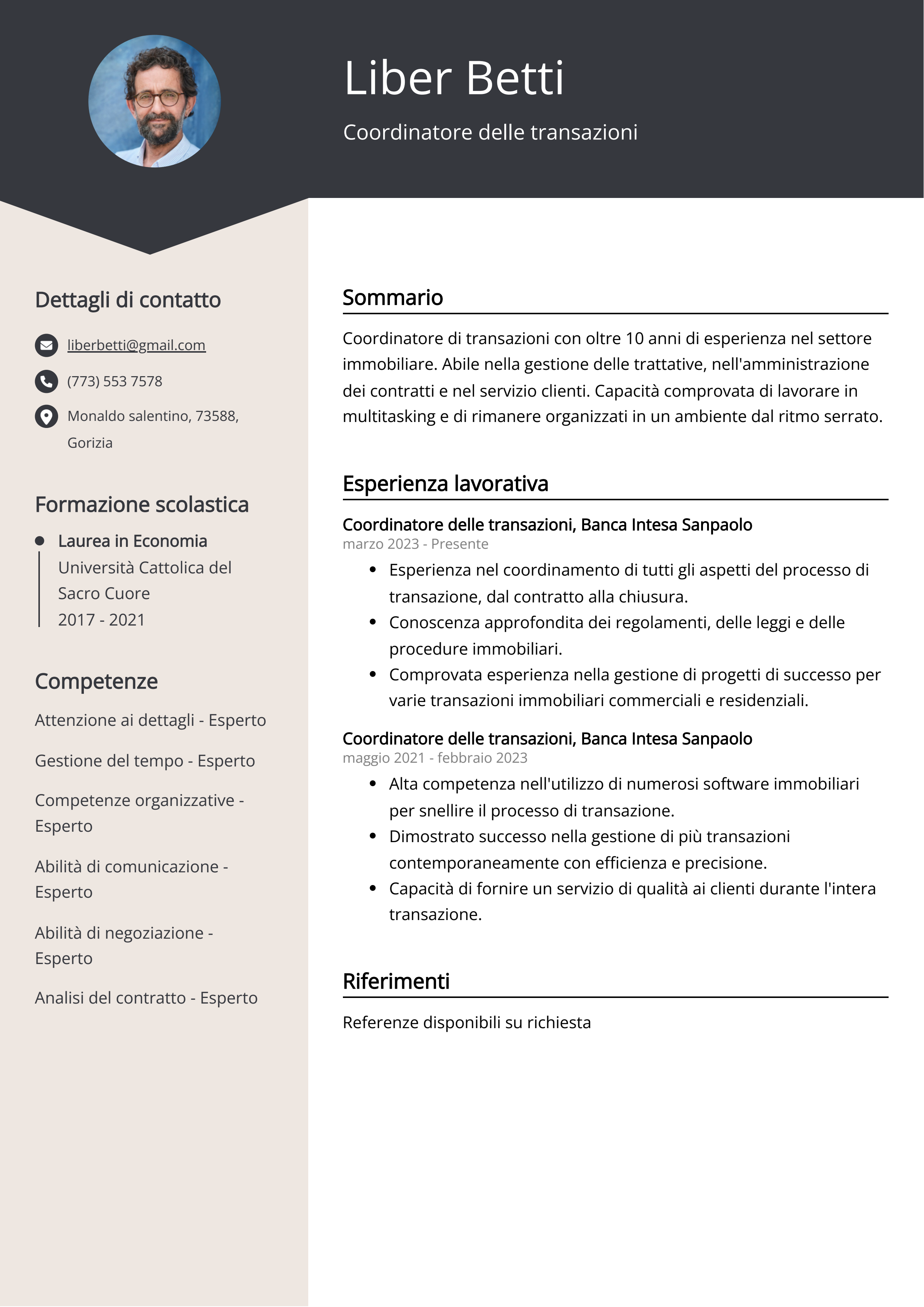 Esempio di curriculum del coordinatore delle transazioni