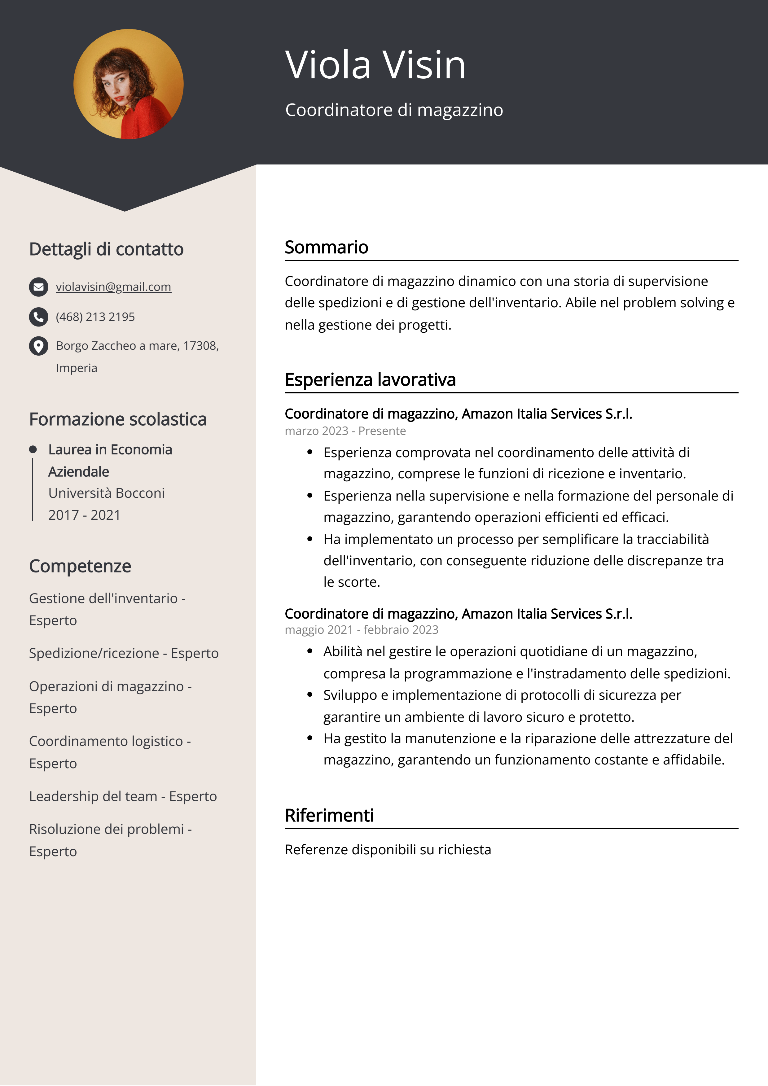 Esempio di curriculum per coordinatore di magazzino