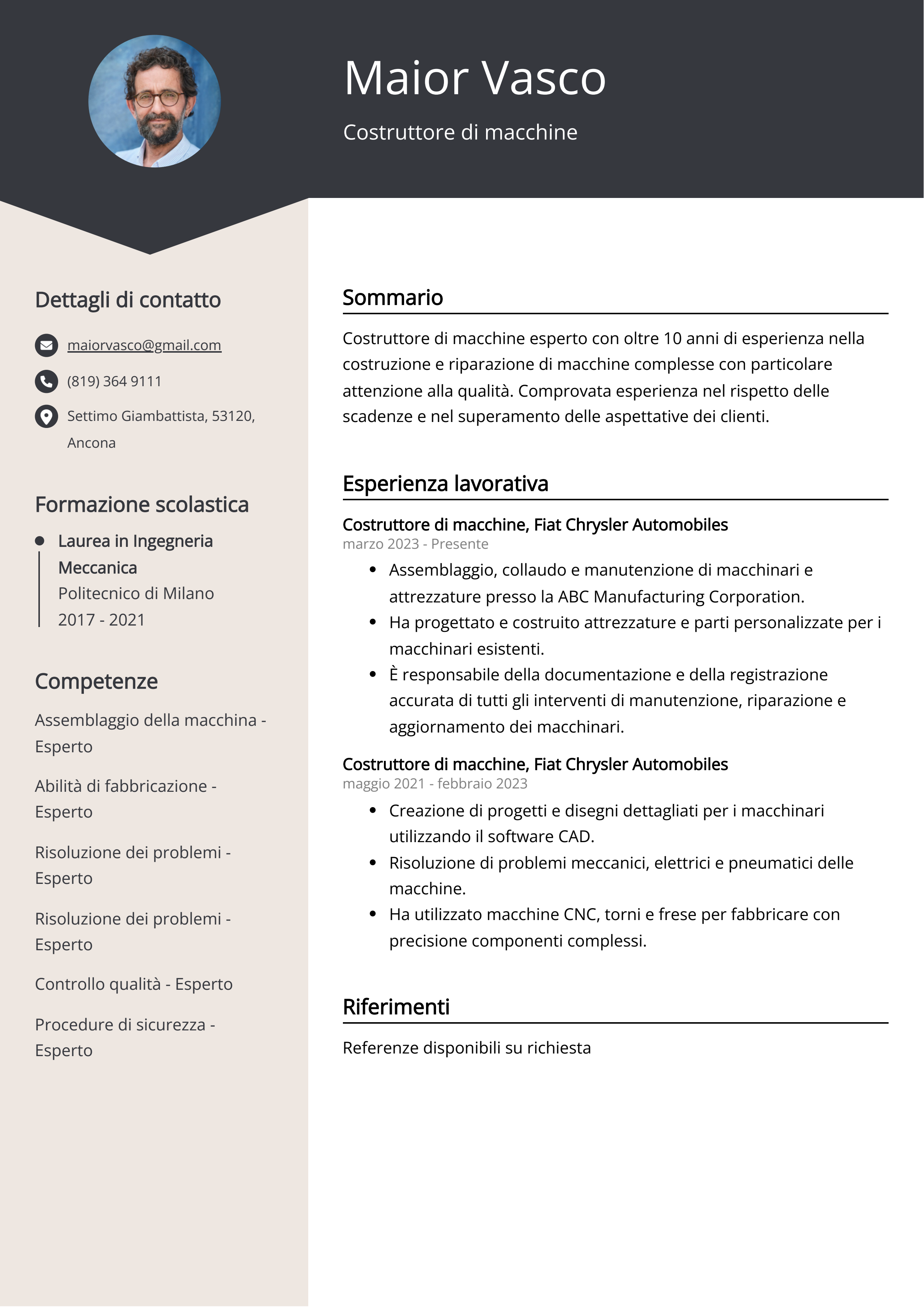 Esempio di curriculum del Costruttore di macchine