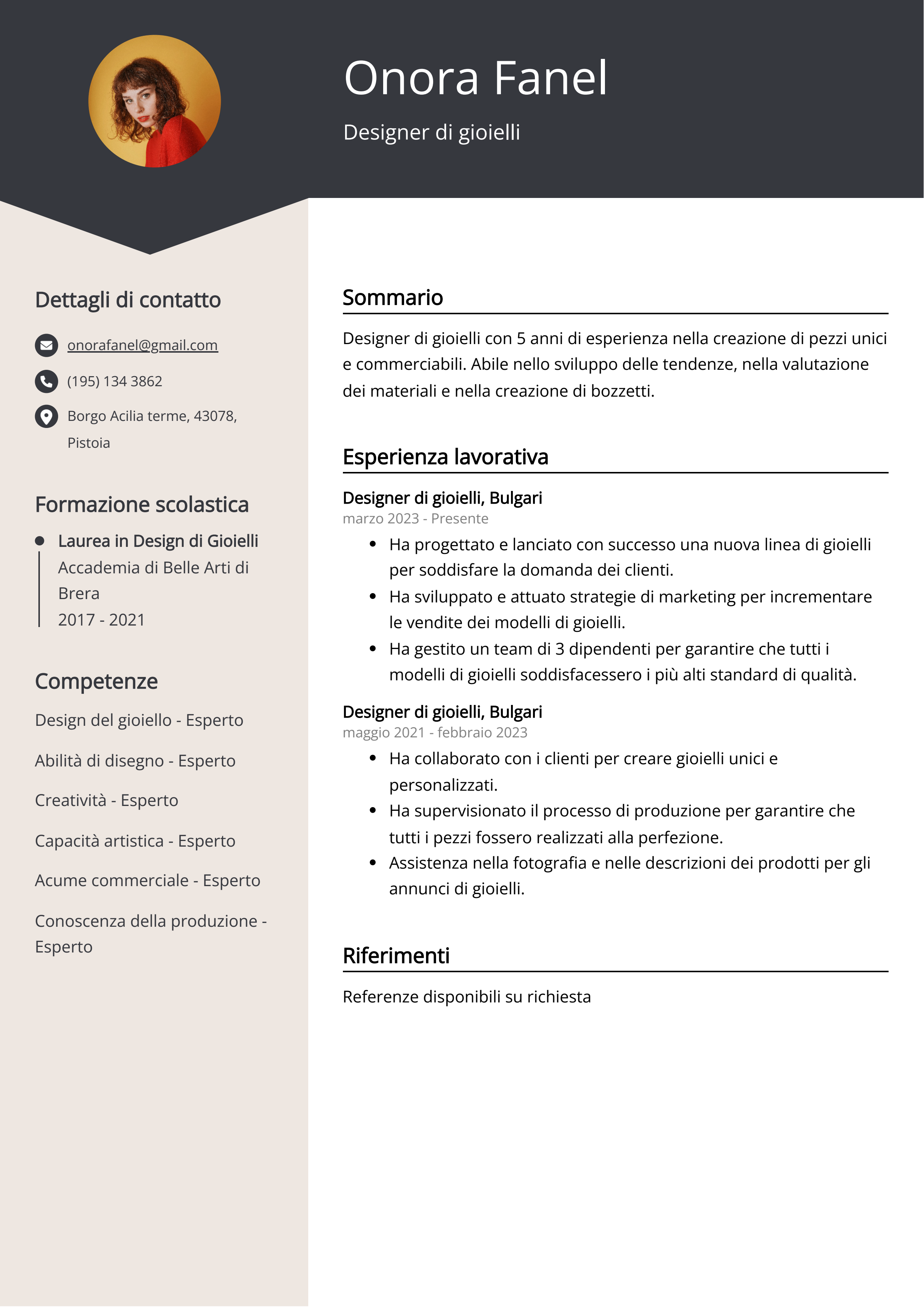 Esempio di curriculum per designer di gioielli