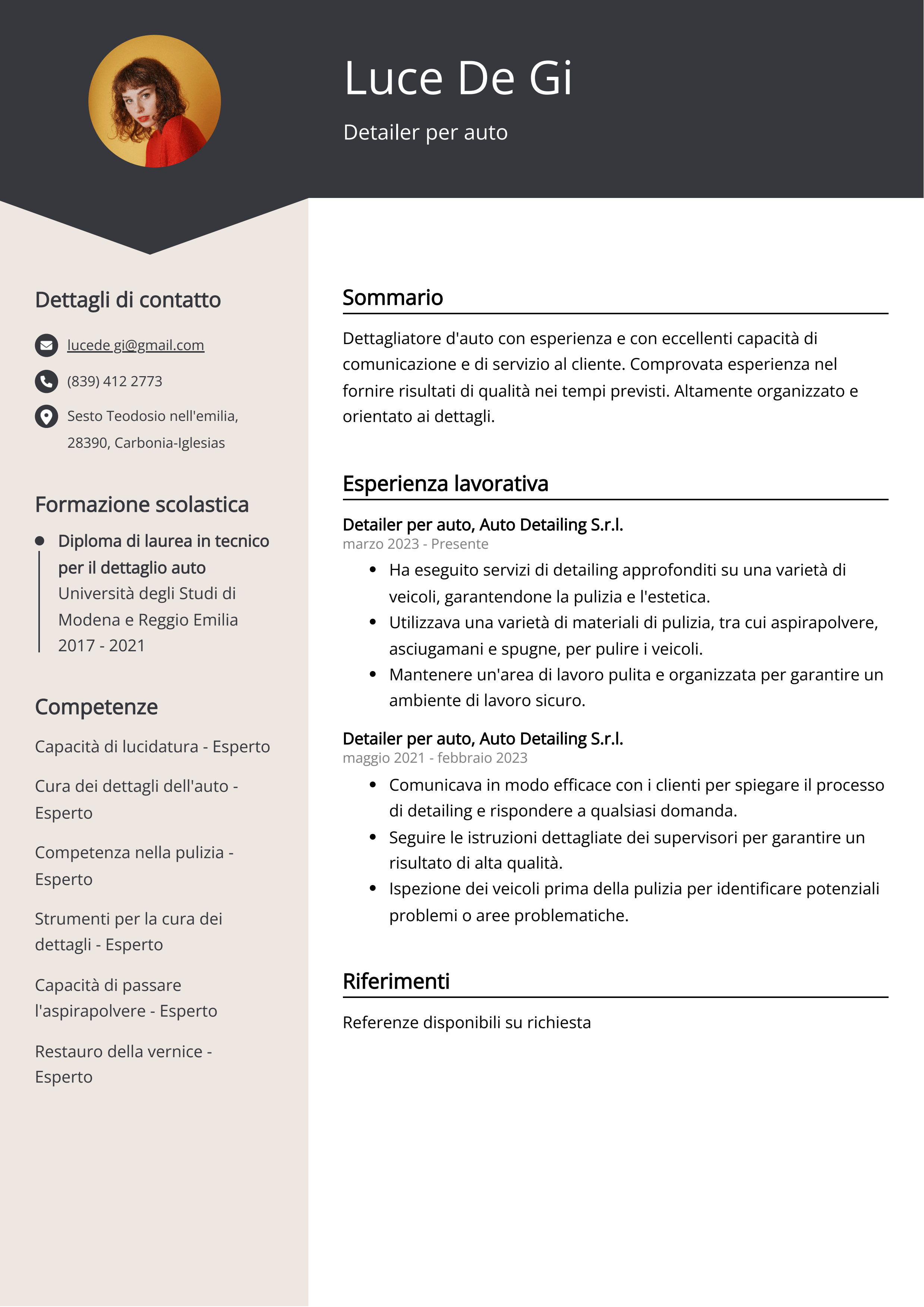Esempio di curriculum per Detailer per auto