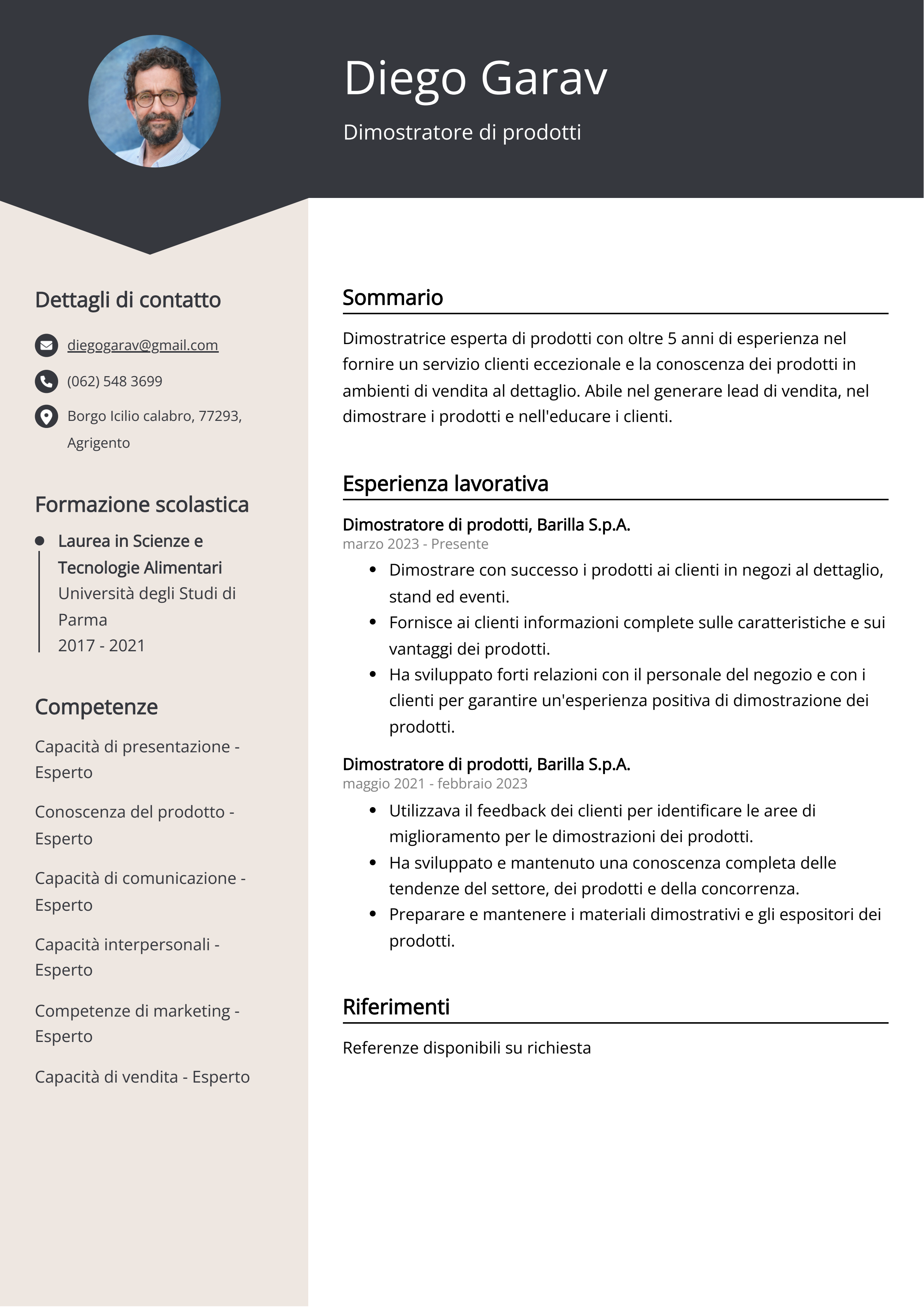 Dimostratore di prodotti Esempio di curriculum