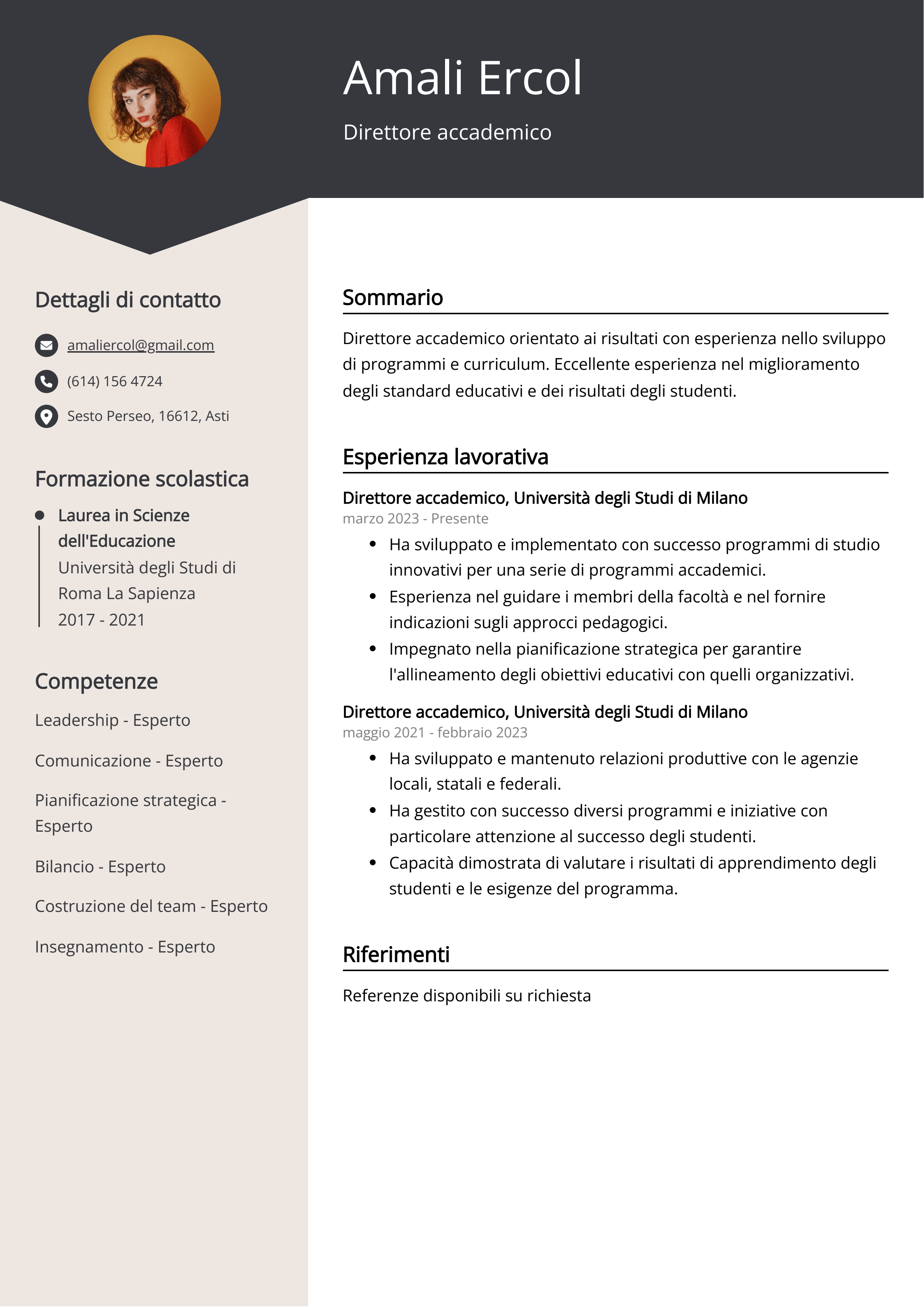 Esempio di curriculum del direttore accademico