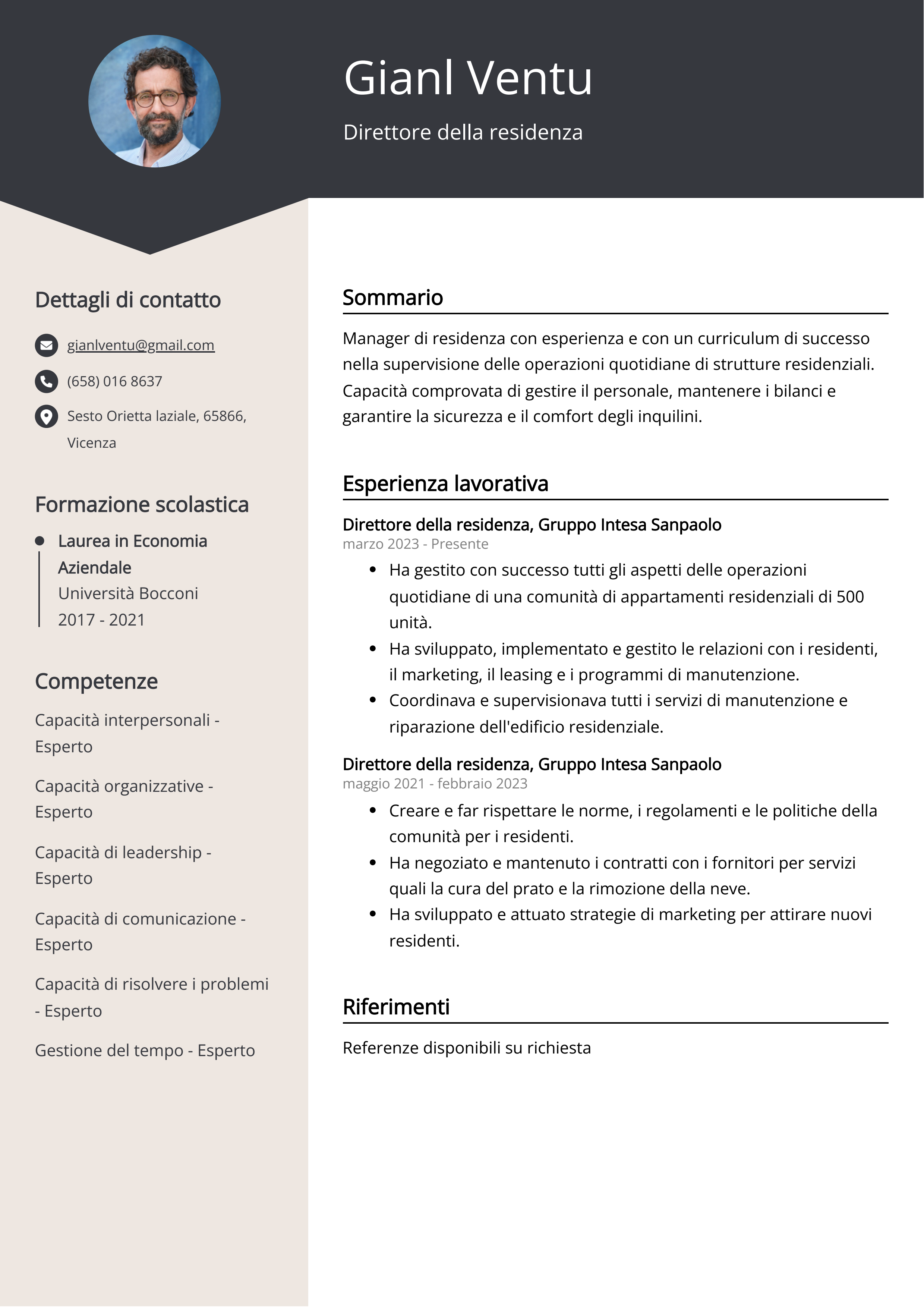 Esempio di curriculum del direttore della residenza