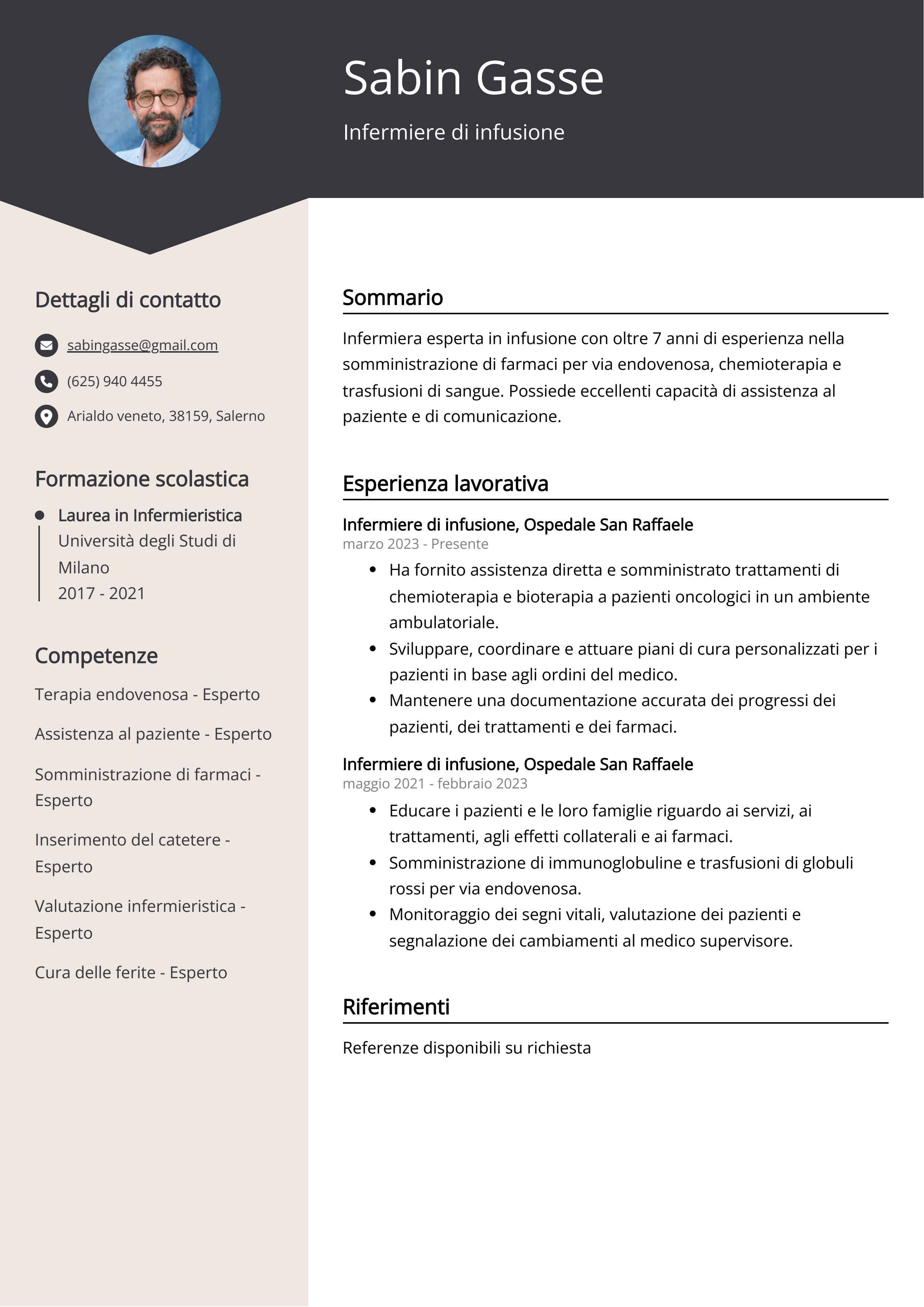 Esempio di curriculum per infermiere di infusione