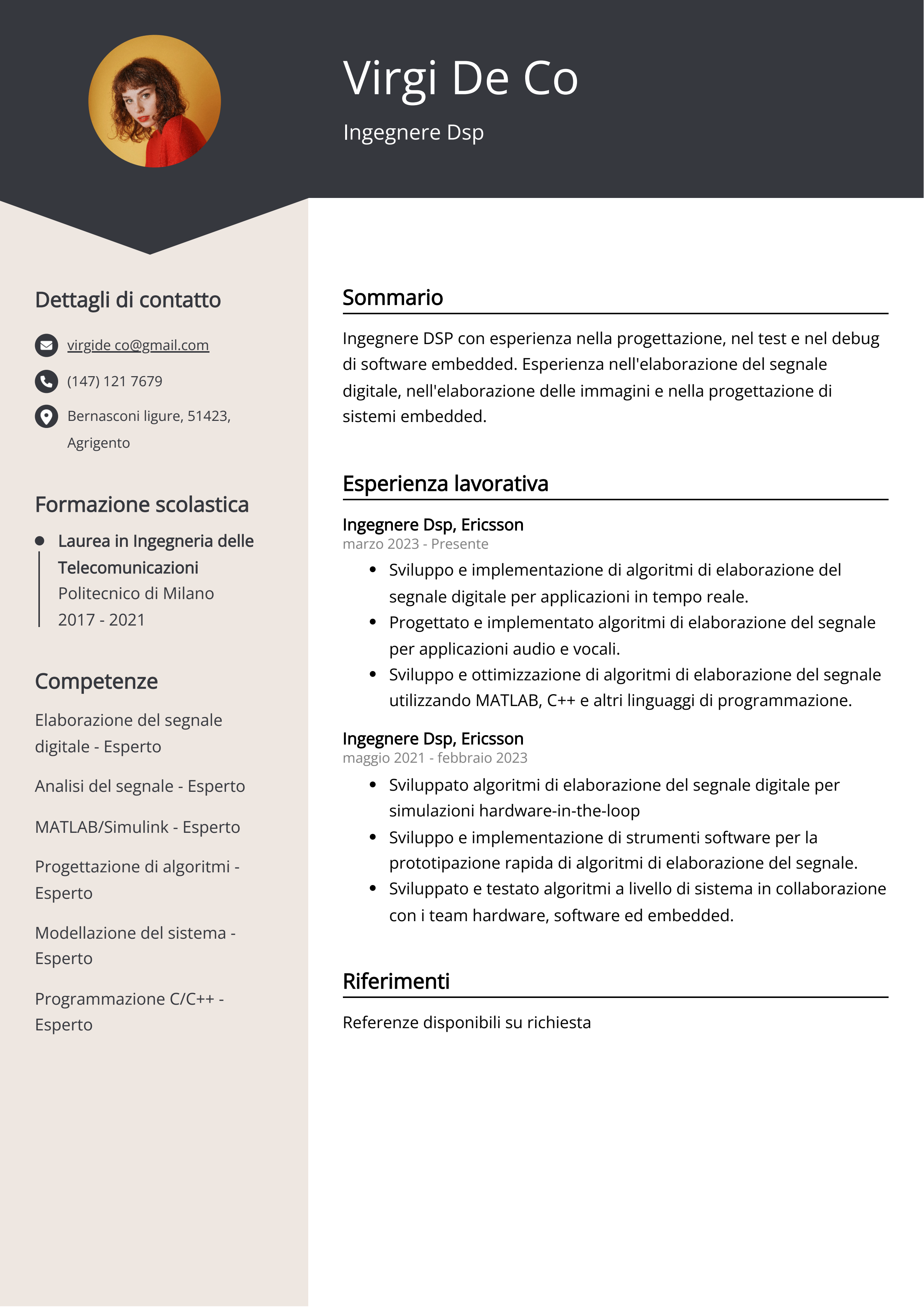 Esempio di curriculum per ingegnere Dsp