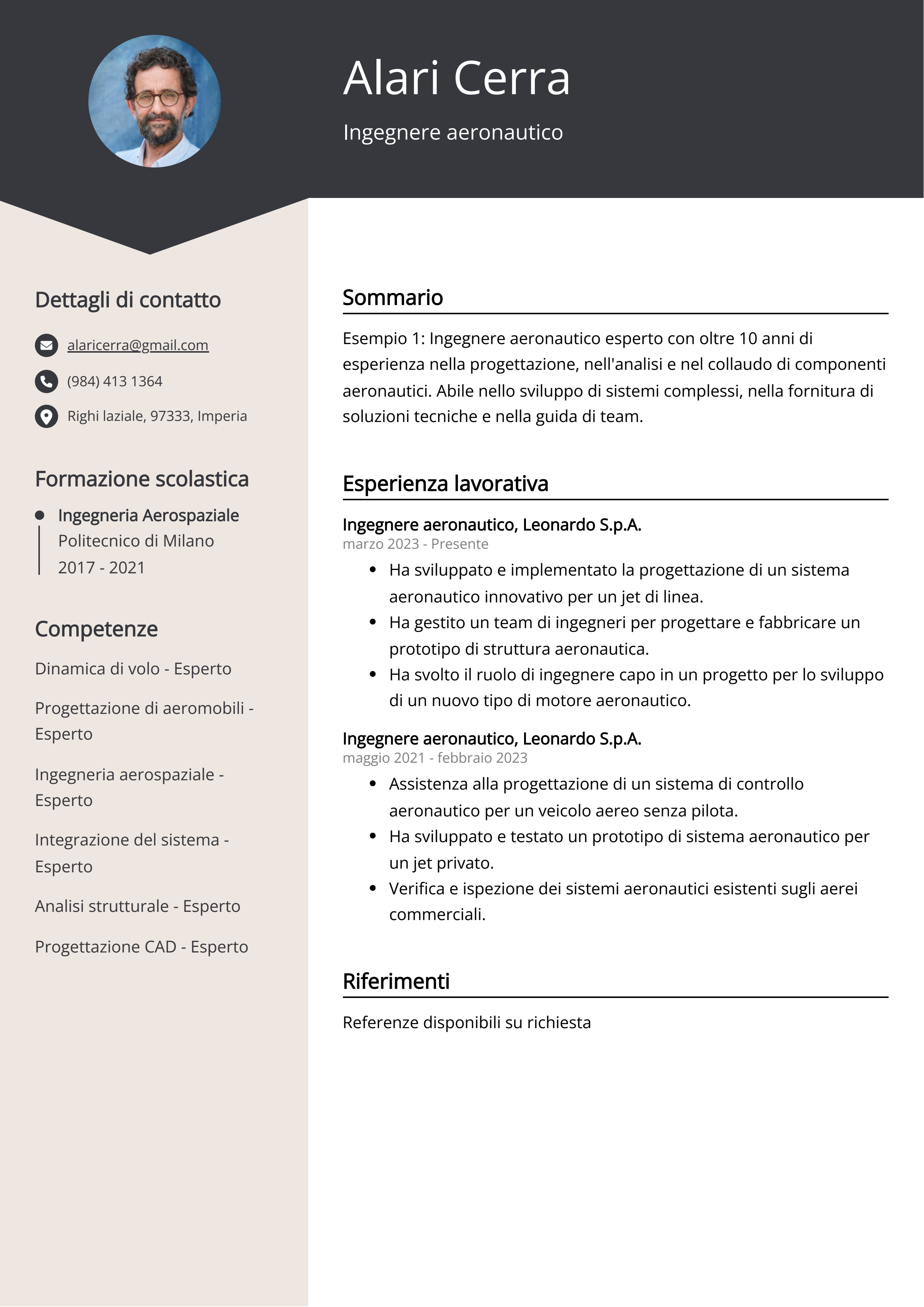 Ingegnere aeronautico Esempio di curriculum