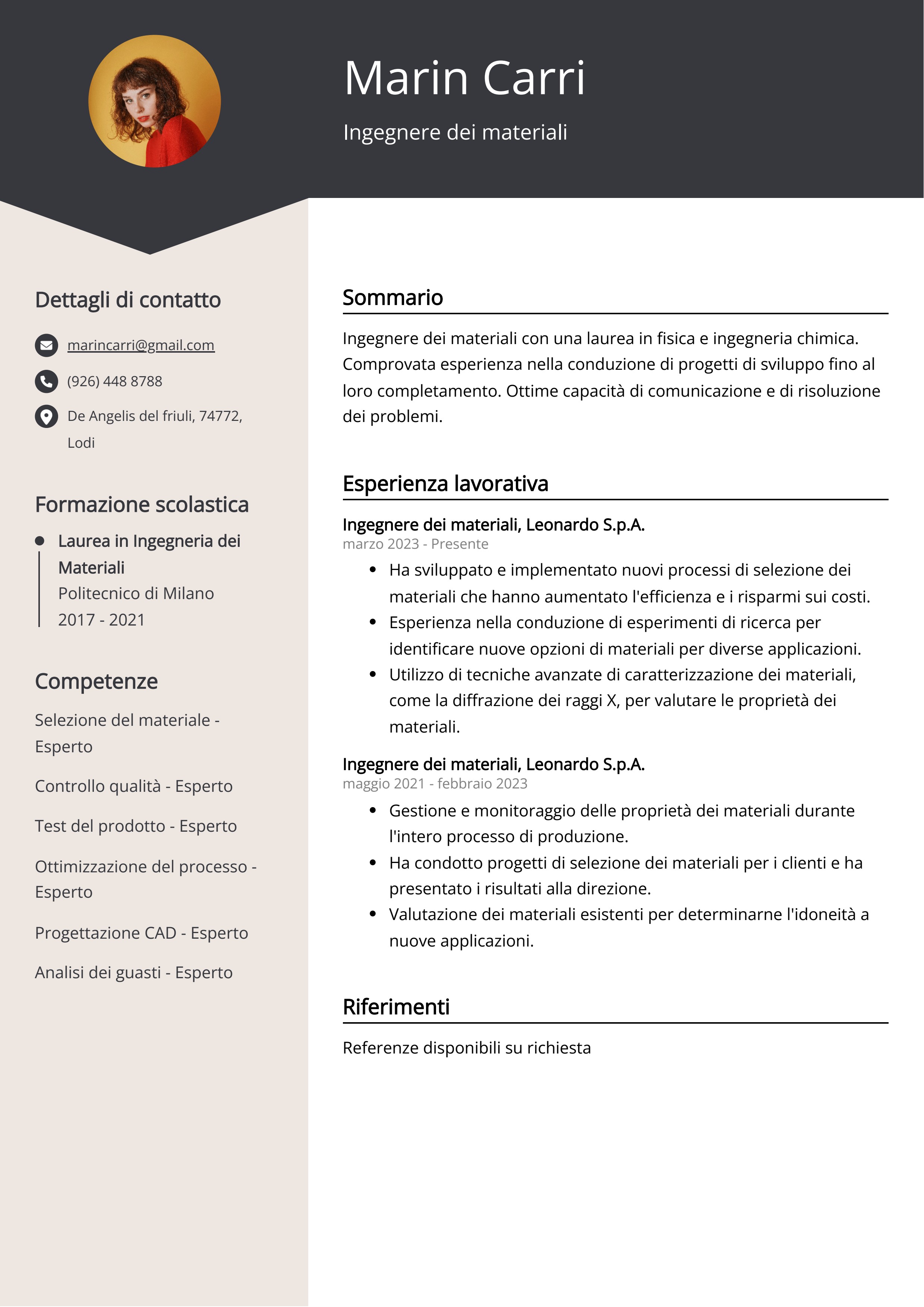 Ingegnere dei materiali Esempio di curriculum