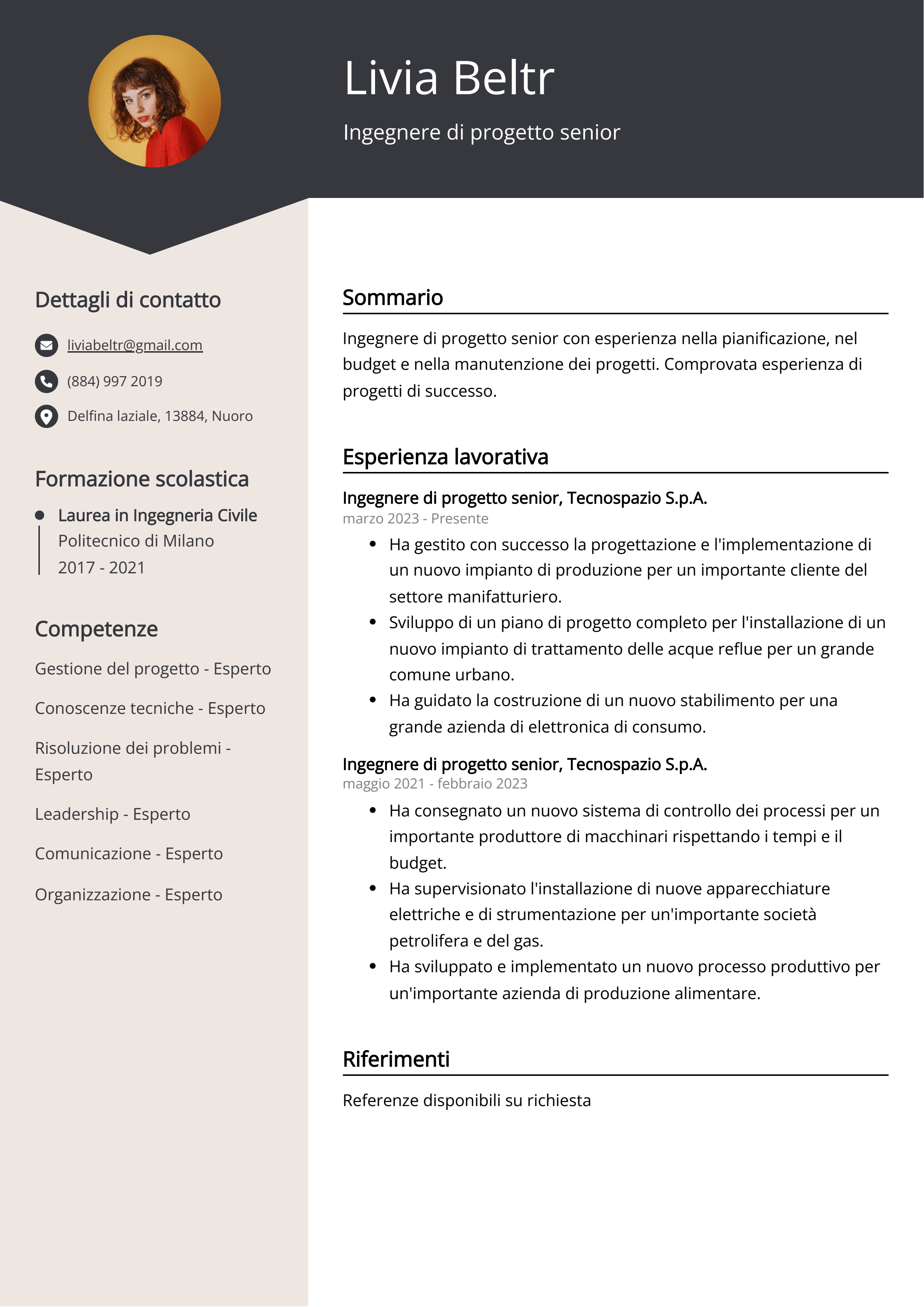 Ingegnere di progetto senior Esempio di curriculum