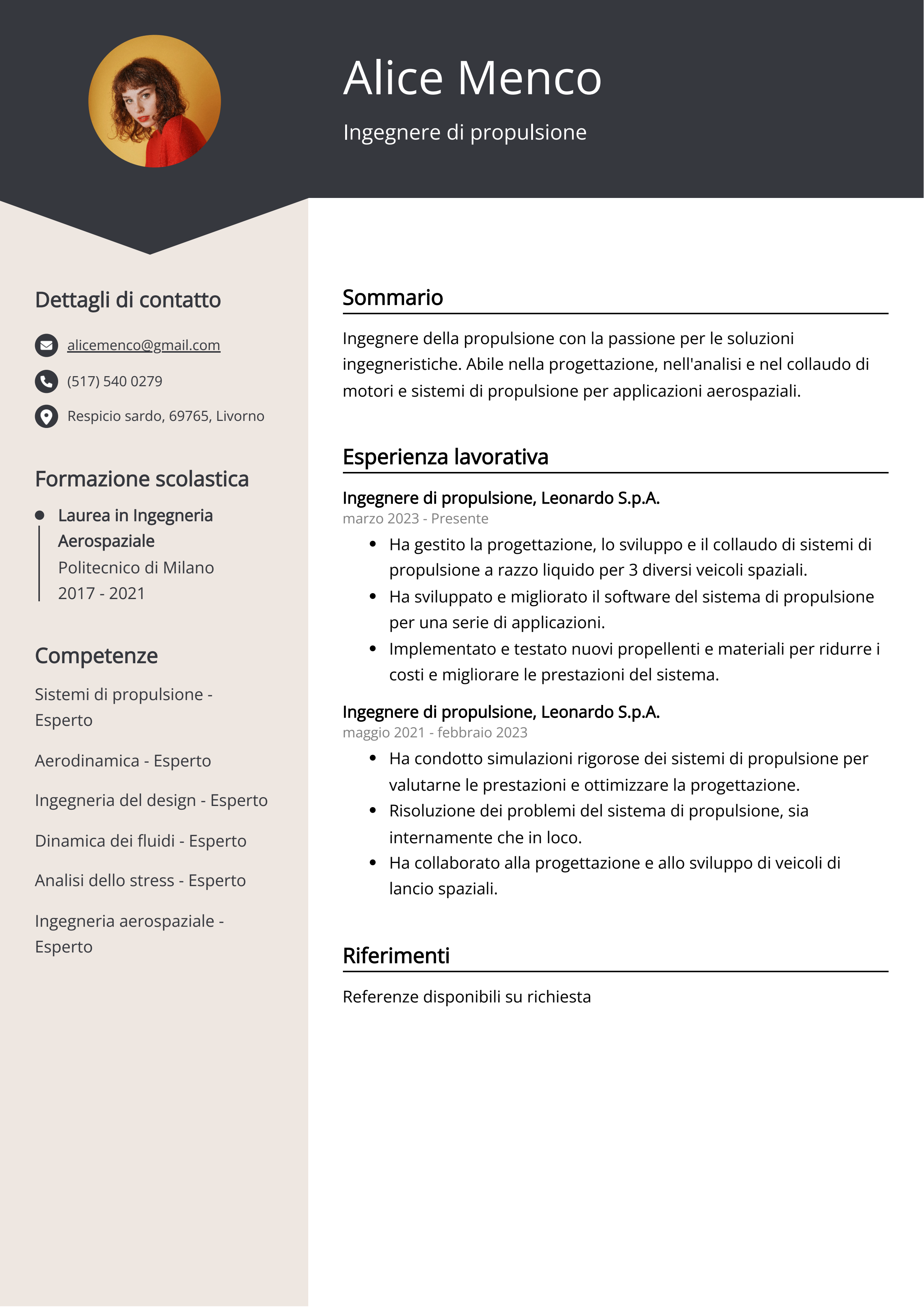 Ingegnere di propulsione Esempio di curriculum