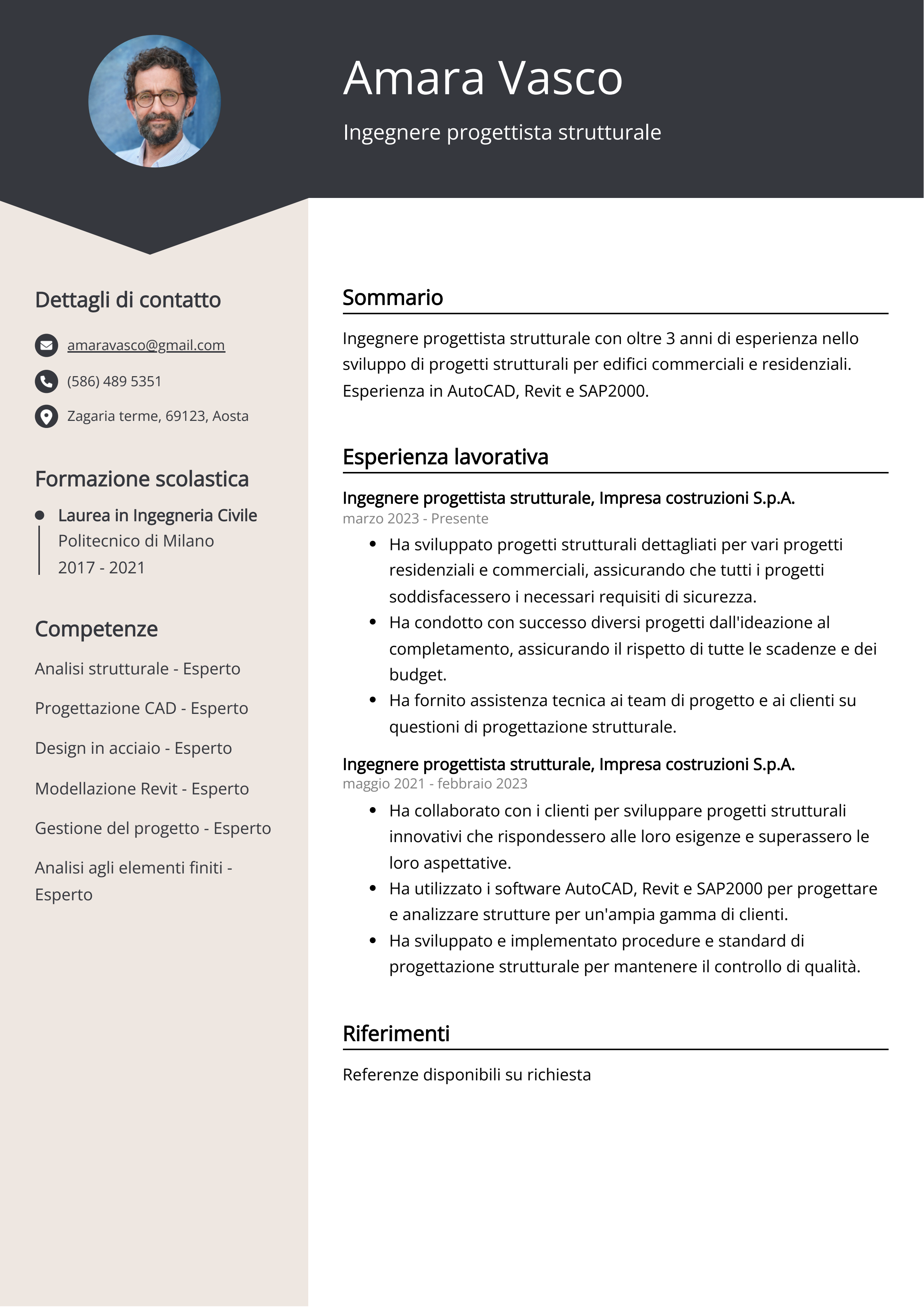 Ingegnere progettista strutturale Esempio di curriculum