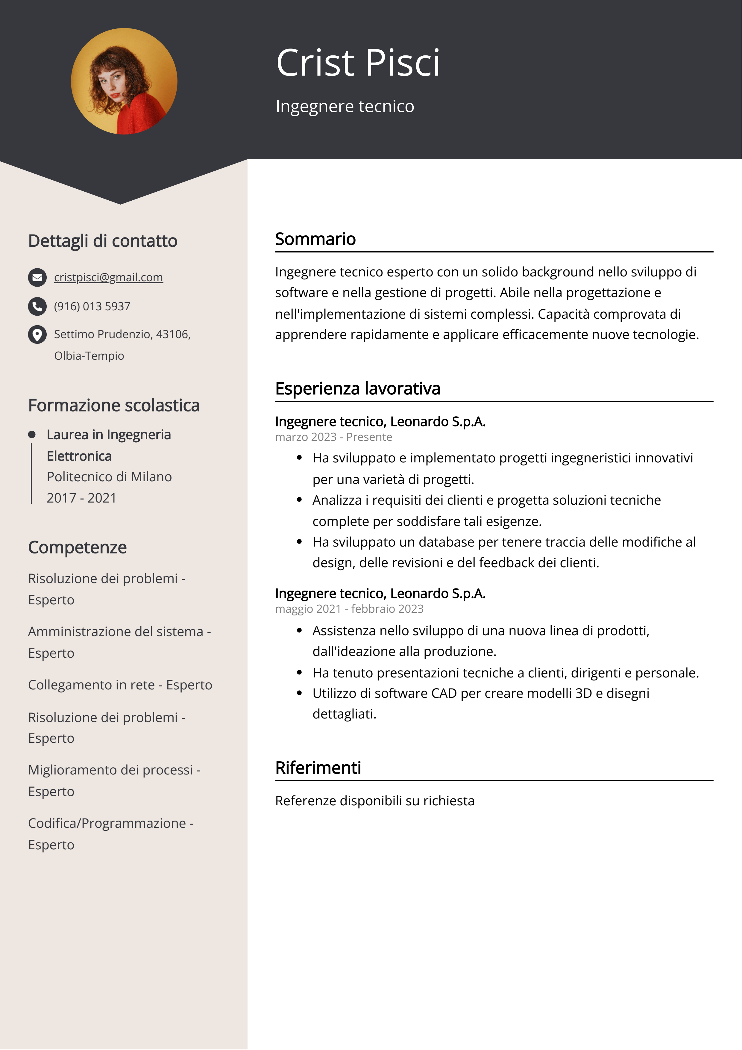 Ingegnere tecnico Esempio di curriculum